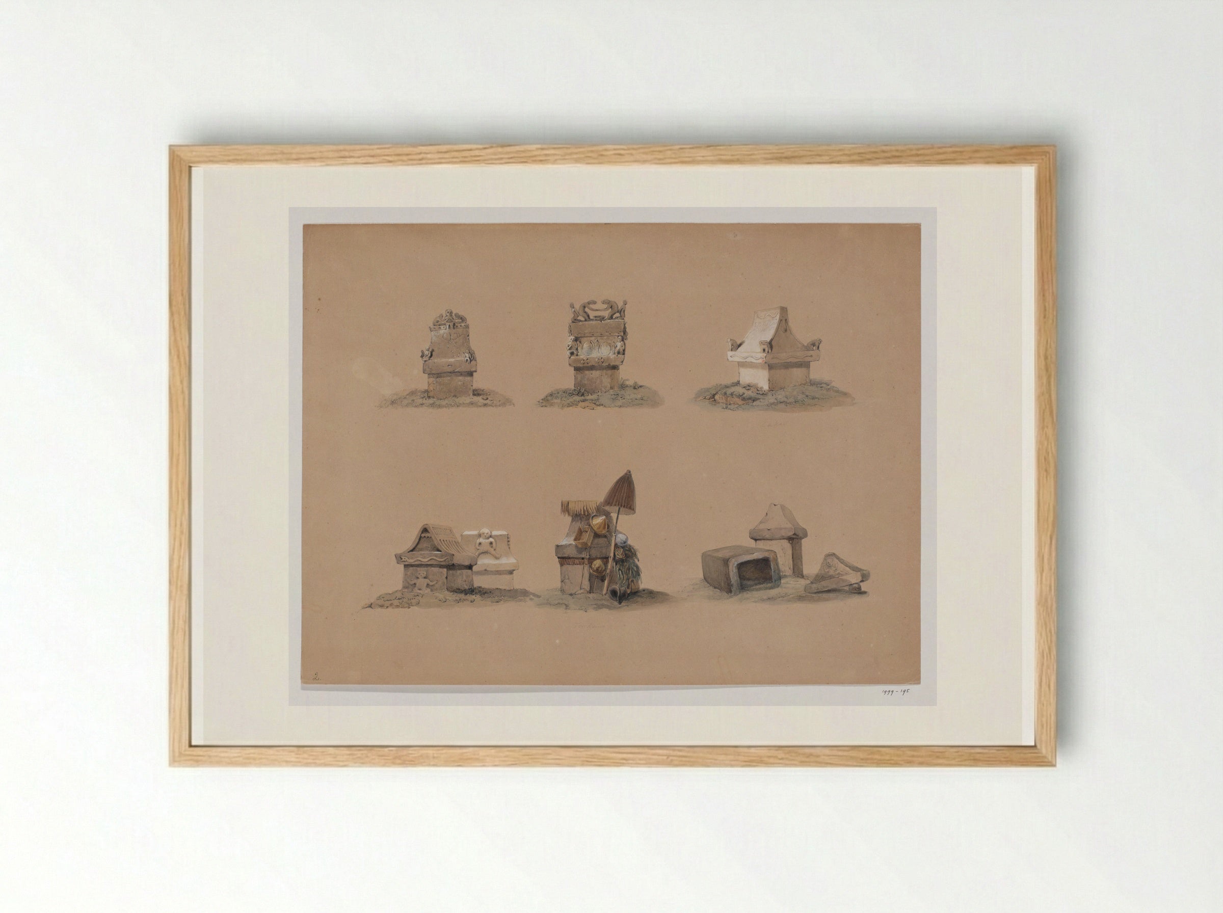 Zeven sarcofagen (waruga), Minahasalanden, Noord-Celebes - Adrianus Johannes Bik - Framed Print Wood