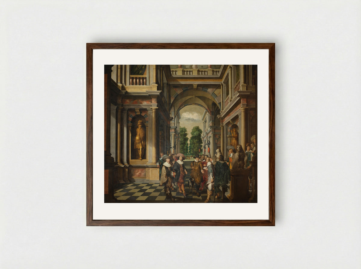 Zevendelige kamerbeschildering: Een Galerij - Dirck van Delen - Framed Print Dark Wood