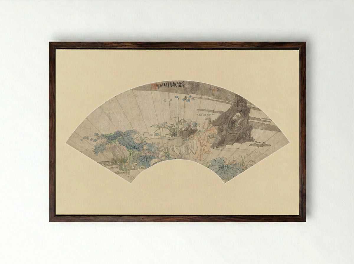 Zhou Dunyi Admiring Lotus Flowers - Ren Xun - Framed Print Dark Wood