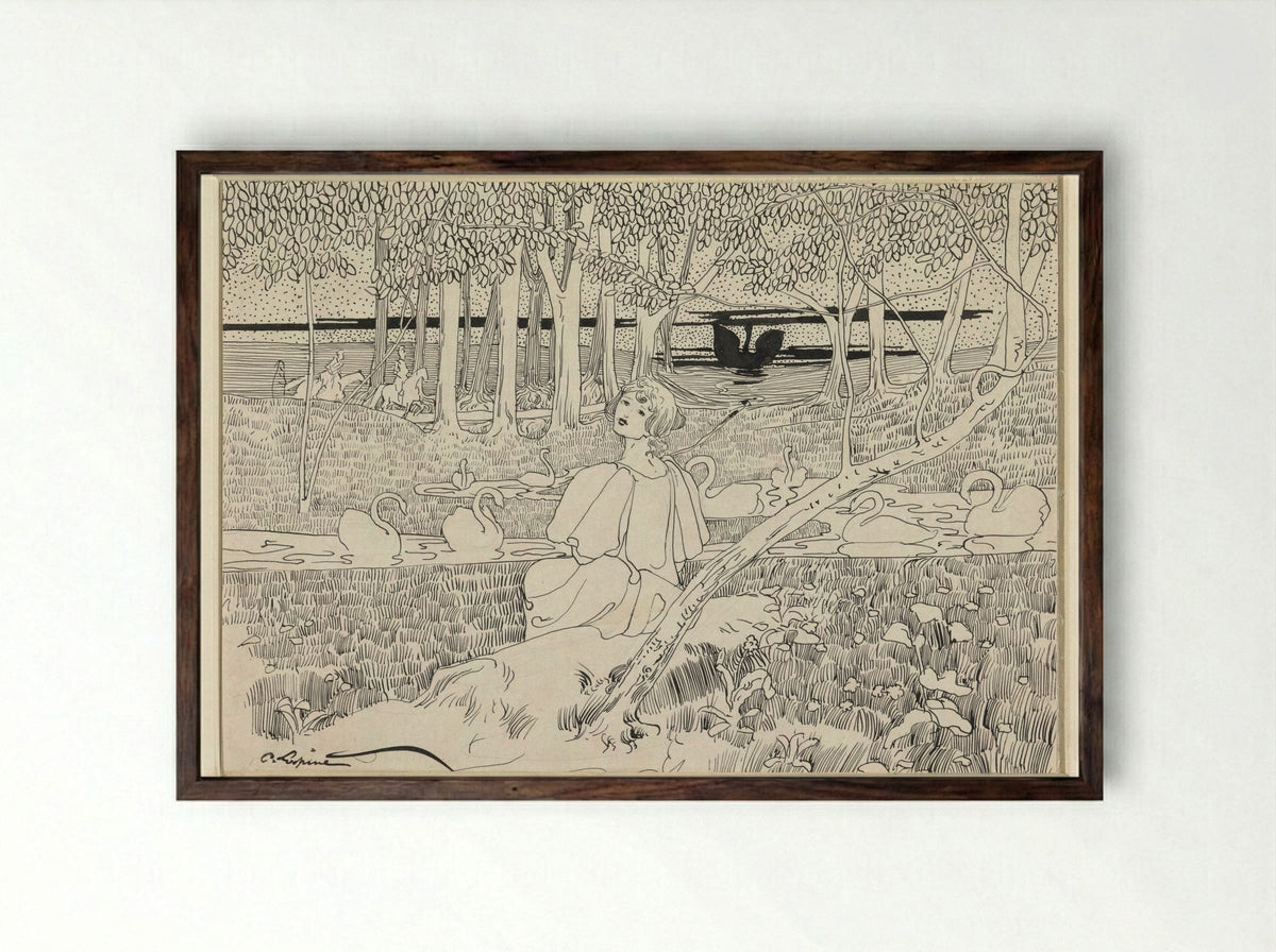 Zich omdraaiende vrouw, zittend aan een water met zwanen - C. Lapine - Framed Print Dark Wood
