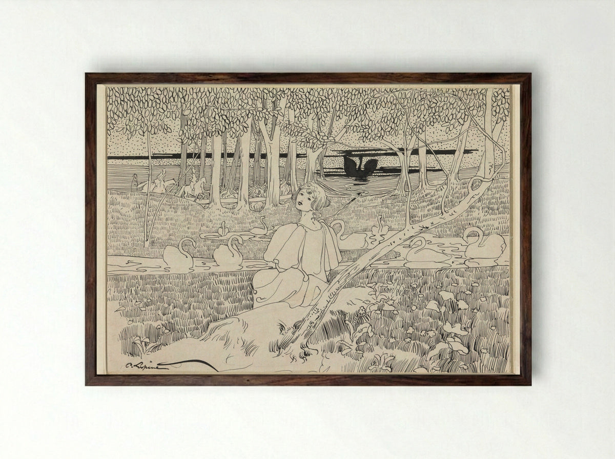 Zich omdraaiende vrouw, zittend aan een water met zwanen - C. Lapine - Framed Print Dark Wood