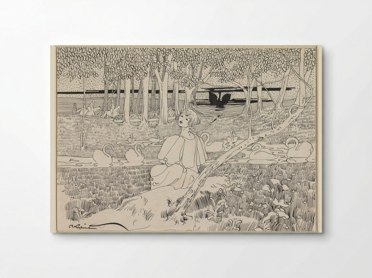 Zich omdraaiende vrouw, zittend aan een water met zwanen - C. Lapine - Poster