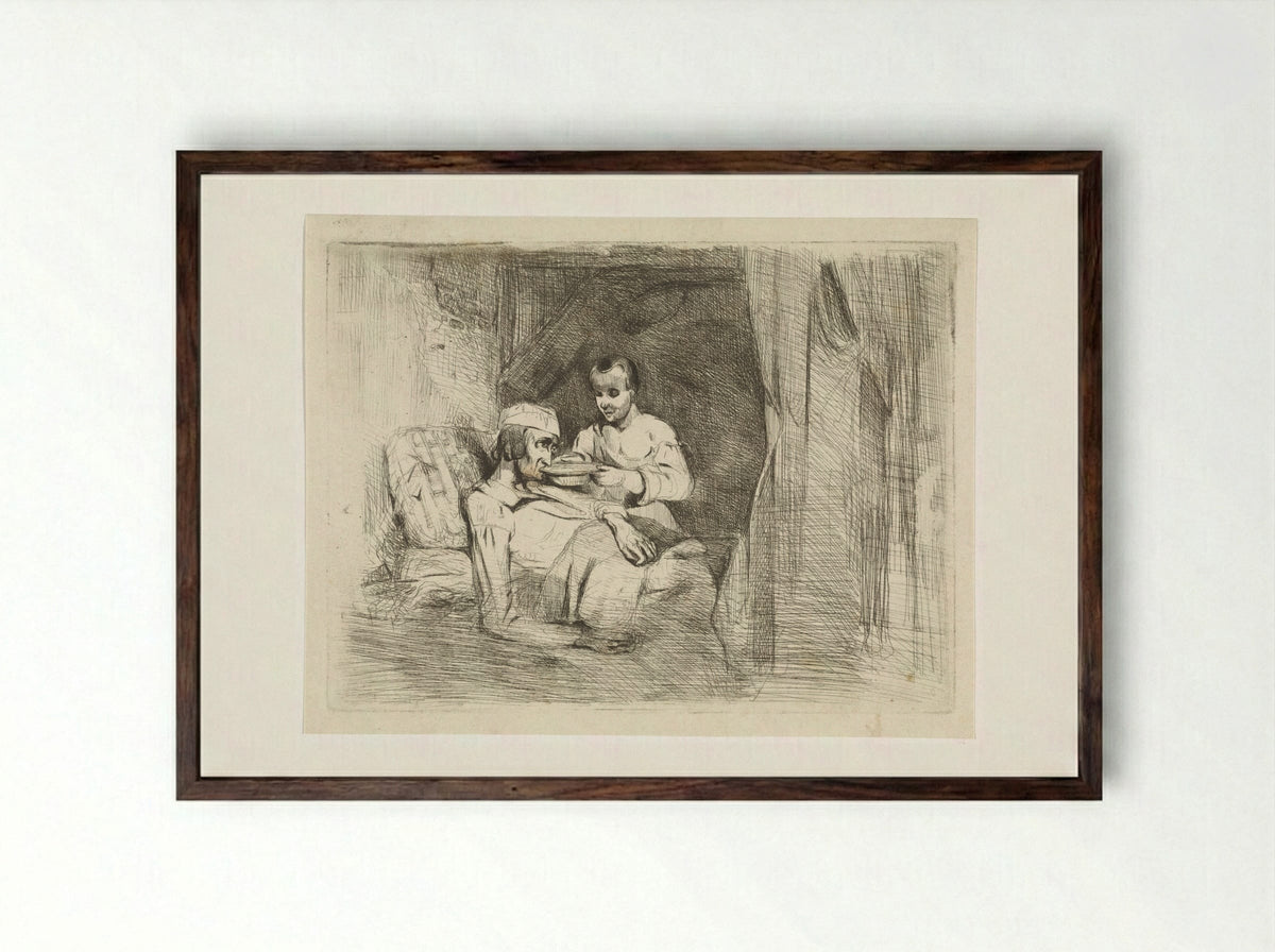 Zieke man krijgt te drinken - Petrus Marius Molijn - Framed Print Dark Wood