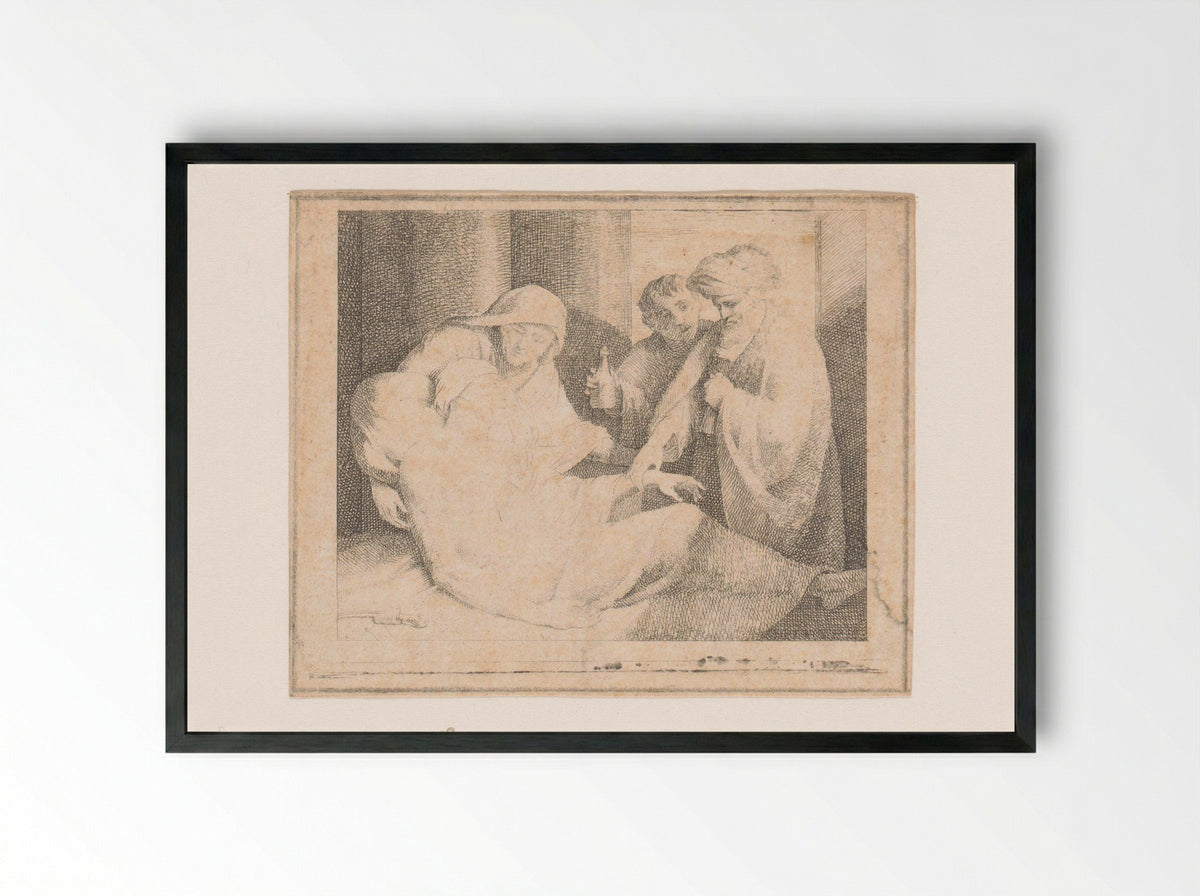 Zieke man wordt verzorgd door drie figuren - Andreas Bernardus de Quertenmont - Framed Print Black