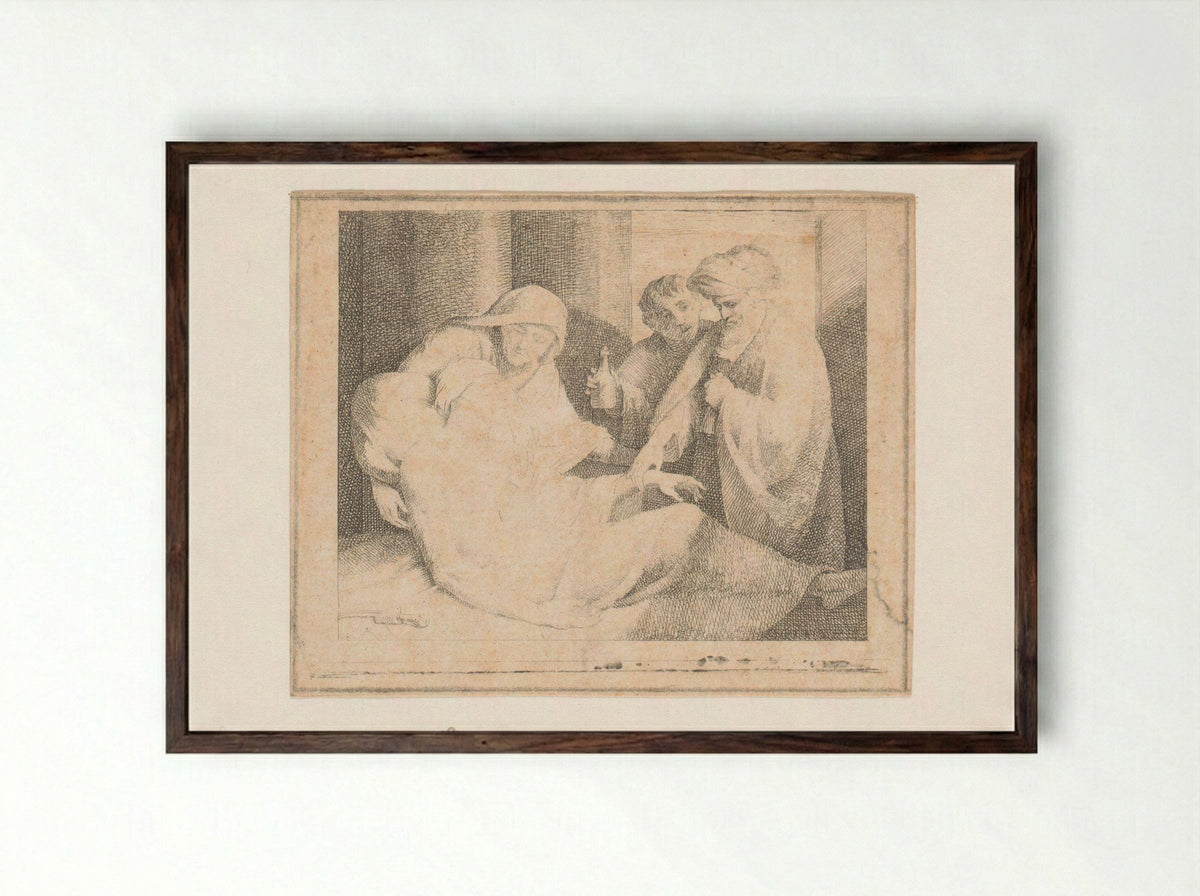 Zieke man wordt verzorgd door drie figuren - Andreas Bernardus de Quertenmont - Framed Print Dark Wood