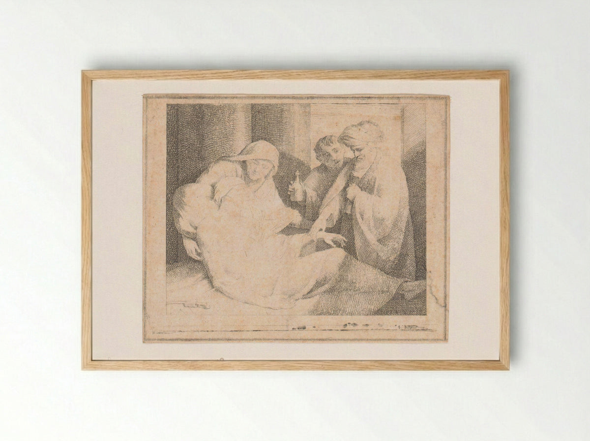 Zieke man wordt verzorgd door drie figuren - Andreas Bernardus de Quertenmont - Framed Print Wood