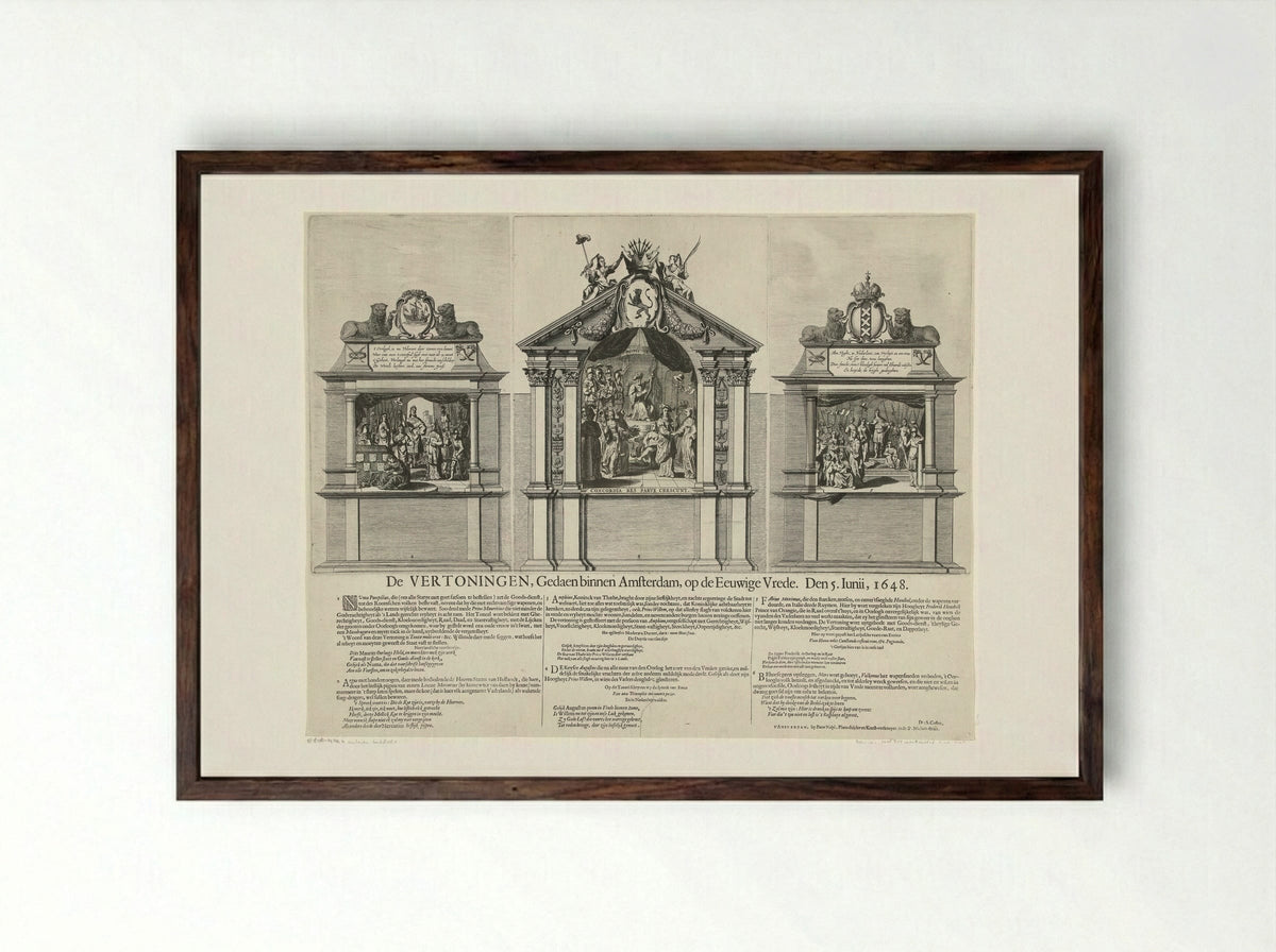 Zinnebeeldige vertoningen die op de Dam zijn opgevoerd ter ere van de Vrede van Munster in 1648 - Pieter Nolpe - Framed Print Dark Wood