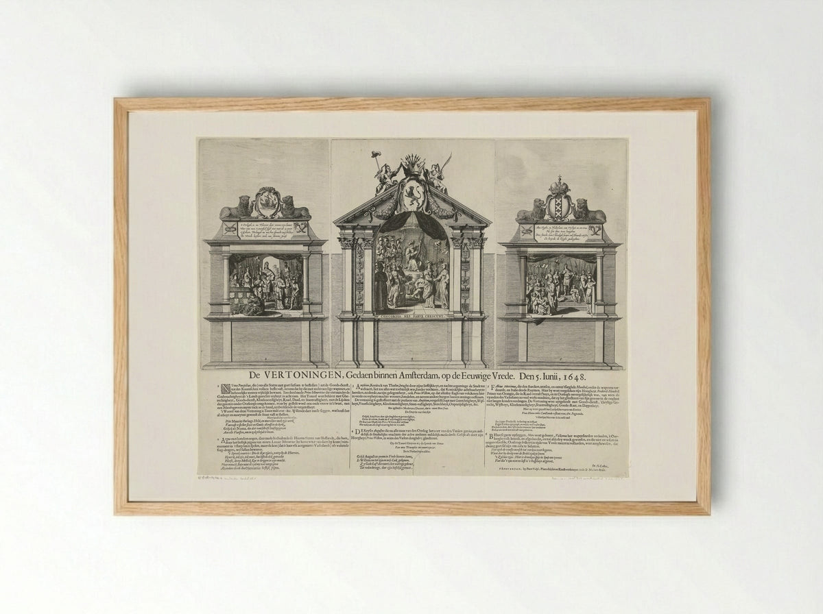 Zinnebeeldige vertoningen die op de Dam zijn opgevoerd ter ere van de Vrede van Munster in 1648 - Pieter Nolpe - Framed Print Wood