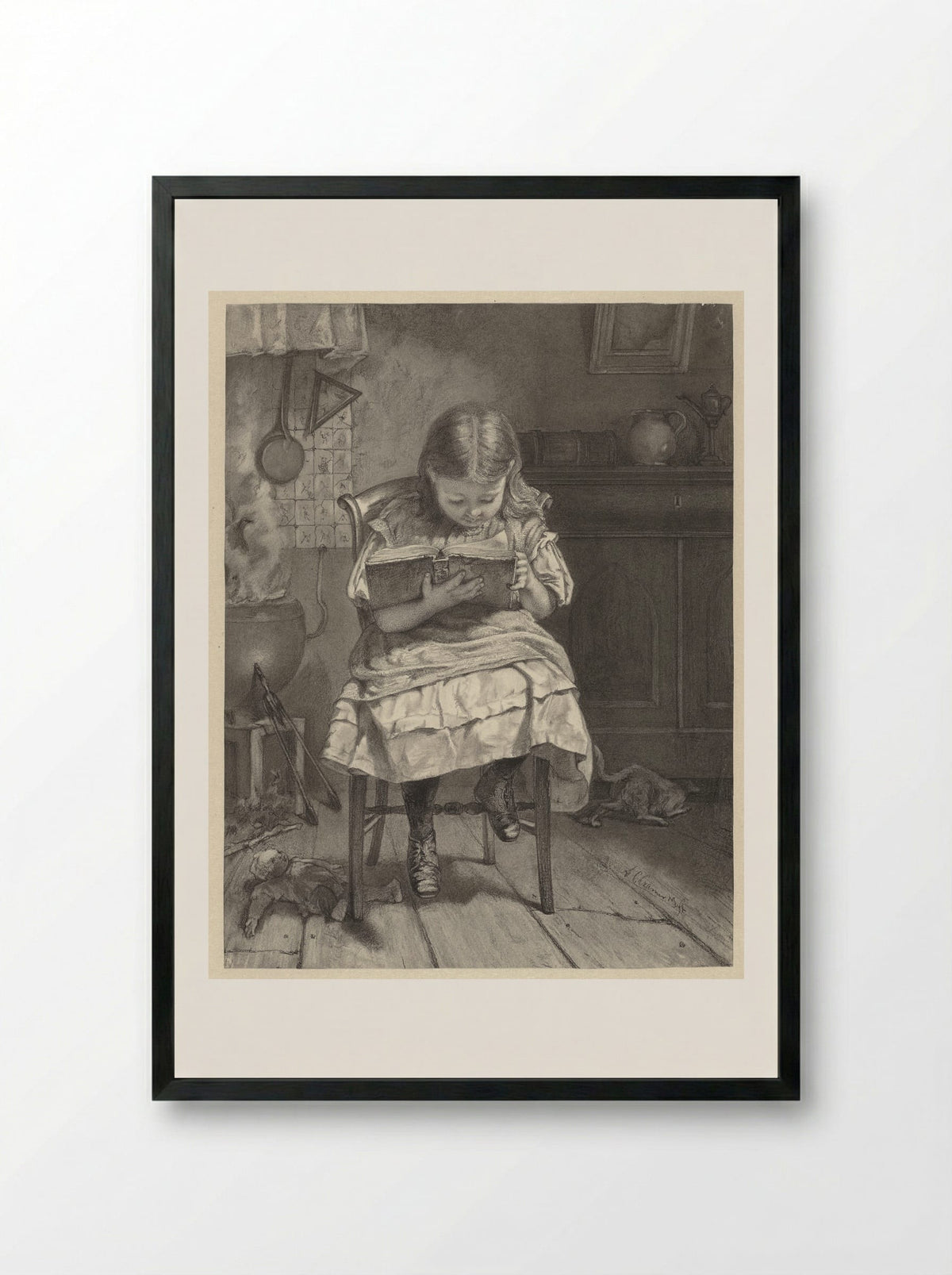 Zittend lezend meisje (Girl Reading) - Anthony Cornelis Cramer - Framed Print Black