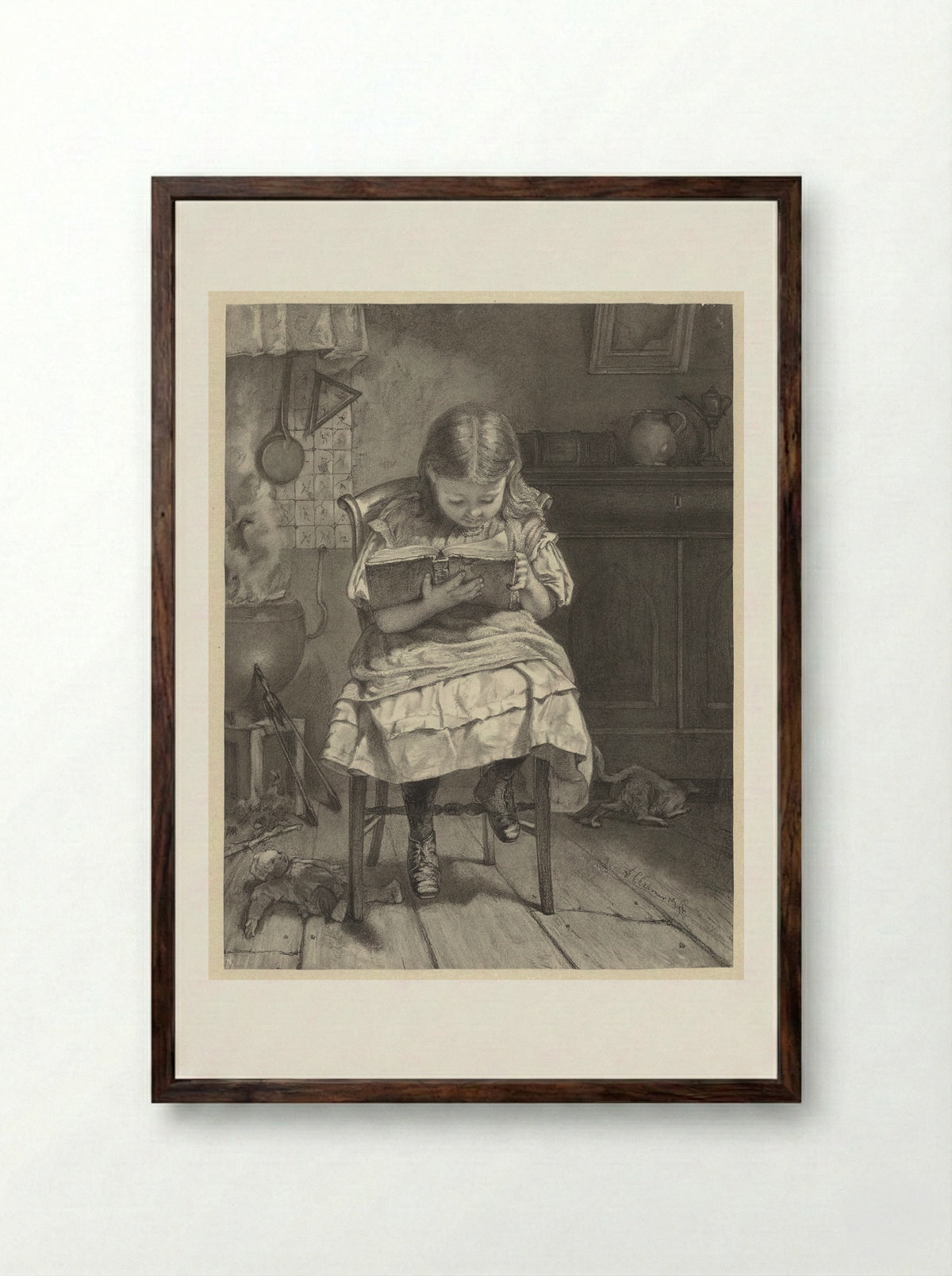 Zittend lezend meisje (Girl Reading) - Anthony Cornelis Cramer - Framed Print Dark Wood