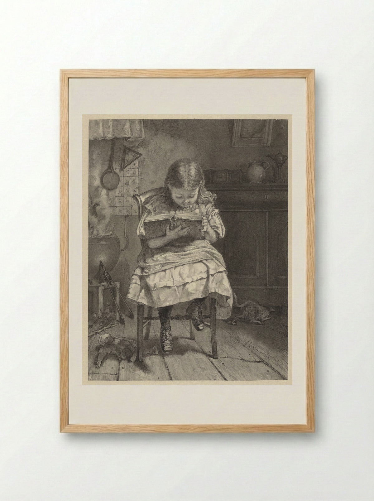 Zittend lezend meisje (Girl Reading) - Anthony Cornelis Cramer - Framed Print Wood