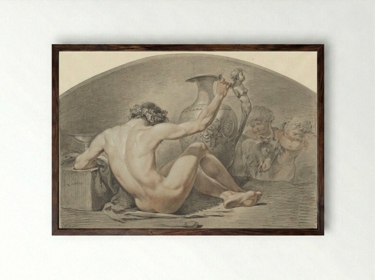 Zittend mannelijk naakt, de hand op het handvat van een vaas - Jacobus Johannes Lauwers - Framed Print Dark Wood