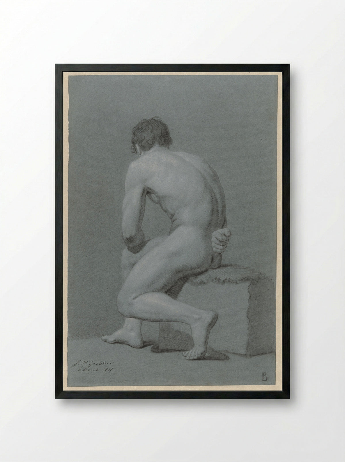 Zittend mannelijk naakt, half naar links, op de rug gezien - Willem Grebner - Framed Print Black