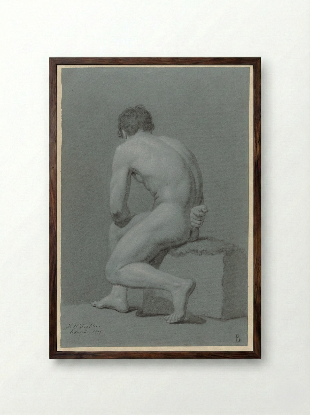 Zittend mannelijk naakt, half naar links, op de rug gezien - Willem Grebner - Framed Print Dark Wood