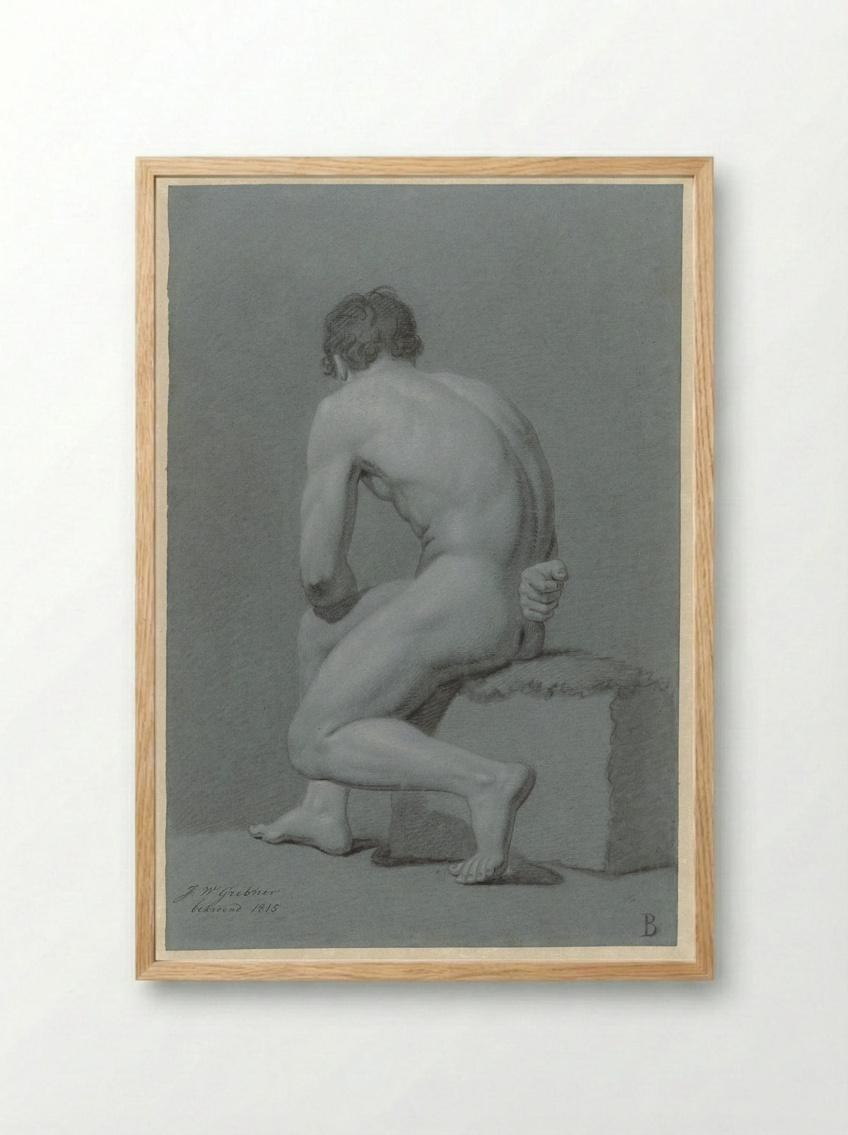 Zittend mannelijk naakt, half naar links, op de rug gezien - Willem Grebner - Framed Print Wood