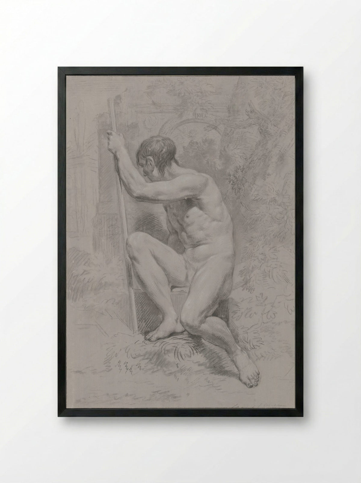 Zittend mannelijk naakt, met een stok, naar links gedraaid - Jean Grandjean - Framed Print Black