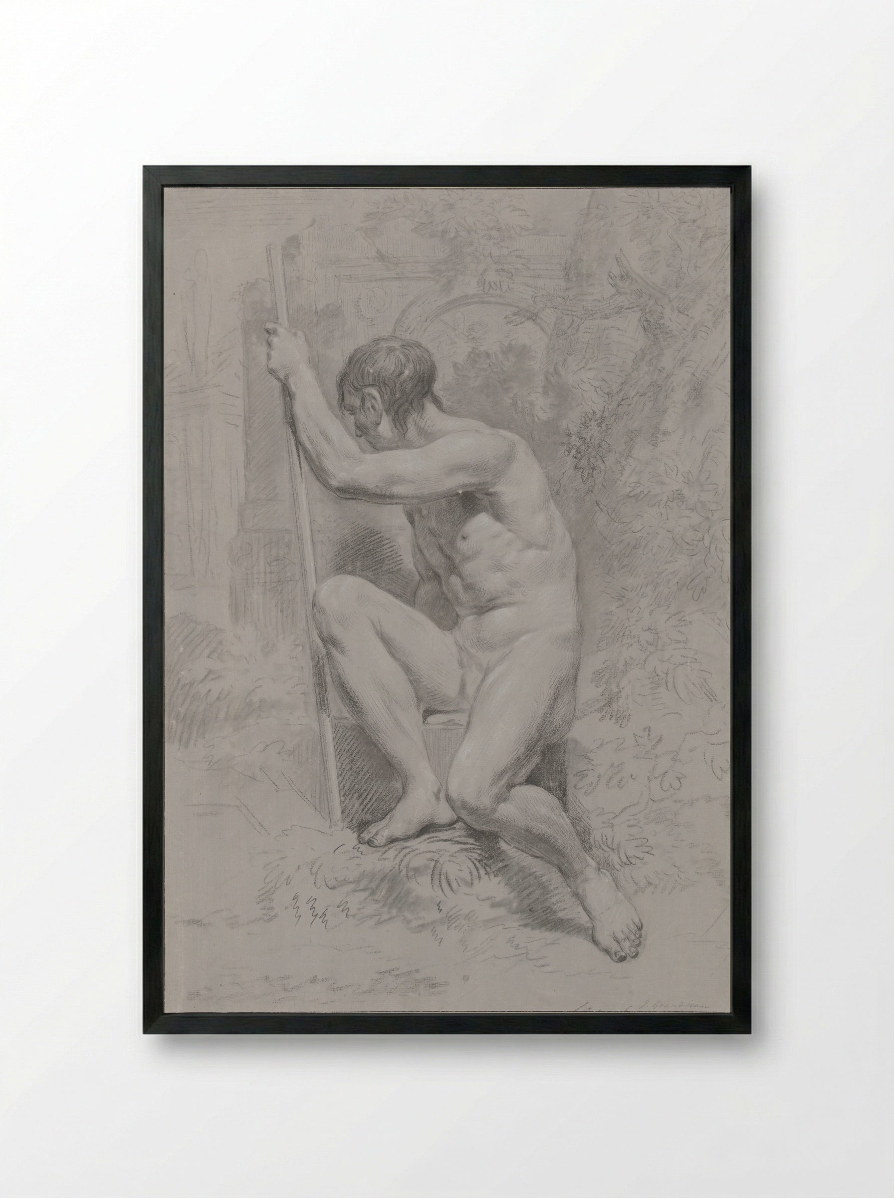 Zittend mannelijk naakt, met een stok, naar links gedraaid - Jean Grandjean - Framed Print Black