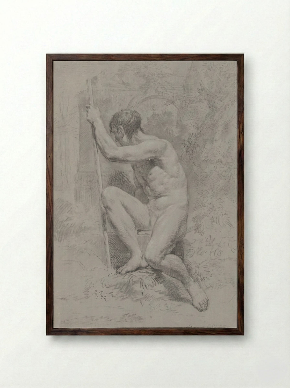 Zittend mannelijk naakt, met een stok, naar links gedraaid - Jean Grandjean - Framed Print Dark Wood