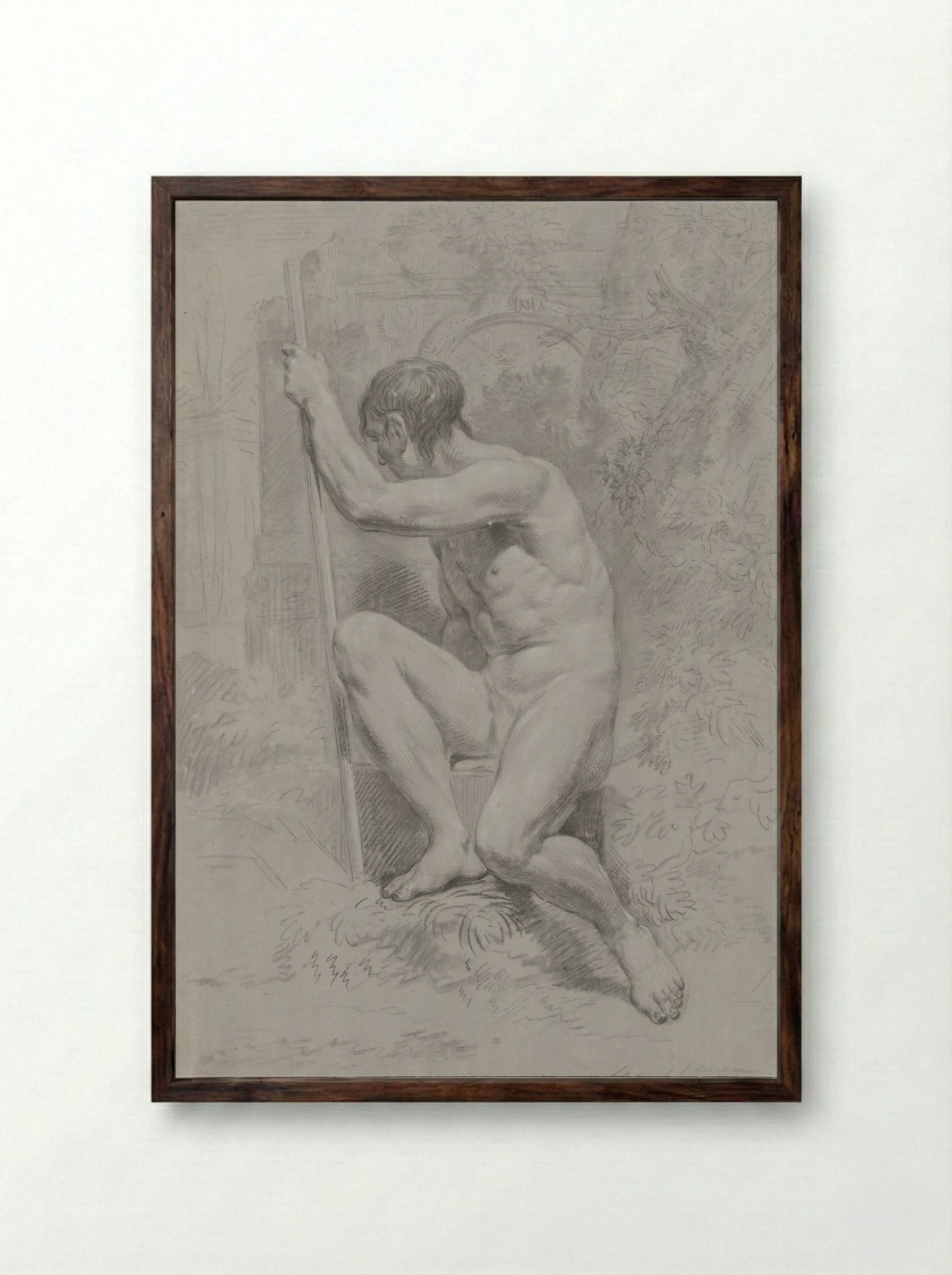Zittend mannelijk naakt, met een stok, naar links gedraaid - Jean Grandjean - Framed Print Dark Wood