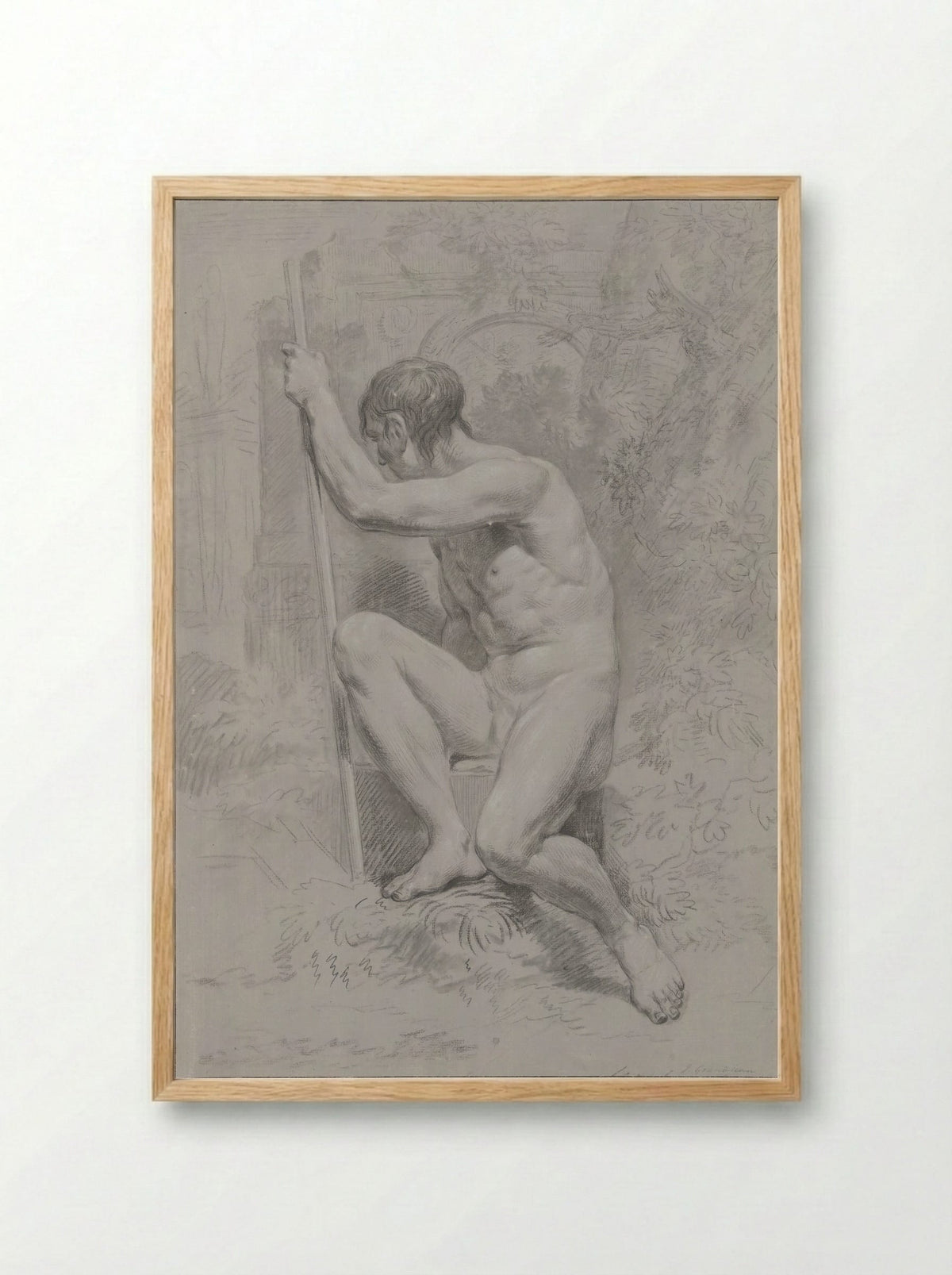 Zittend mannelijk naakt, met een stok, naar links gedraaid - Jean Grandjean - Framed Print Wood
