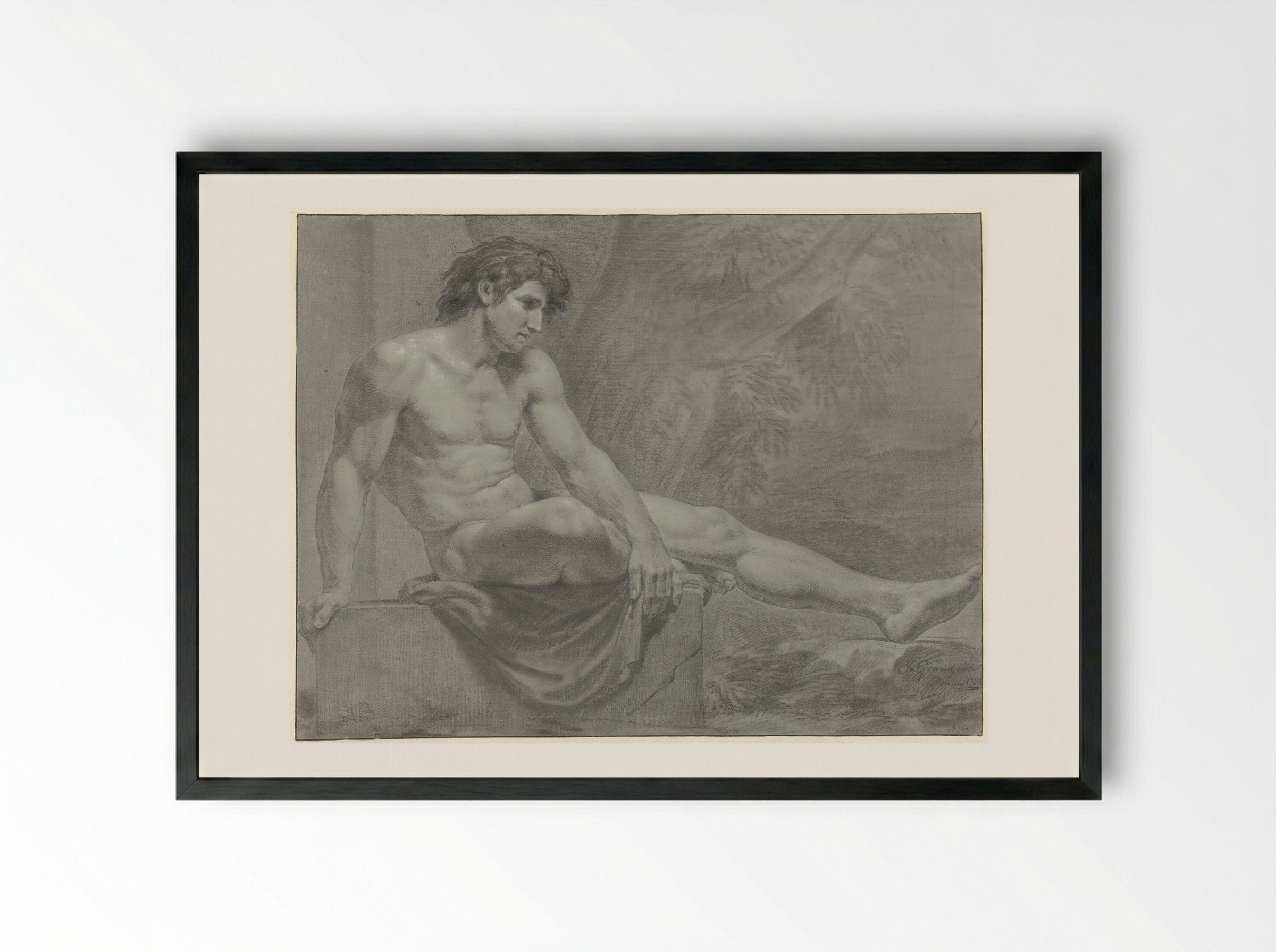 Zittend mannelijk naakt, naar rechts met gestrekt been - Jean Grandjean - Framed Print Black