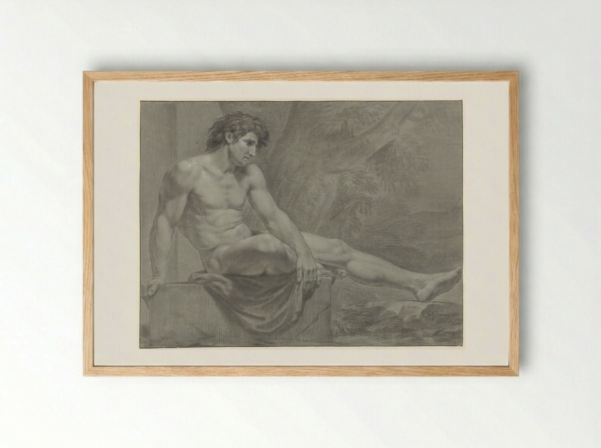 Zittend mannelijk naakt, naar rechts met gestrekt been - Jean Grandjean - Framed Print Wood