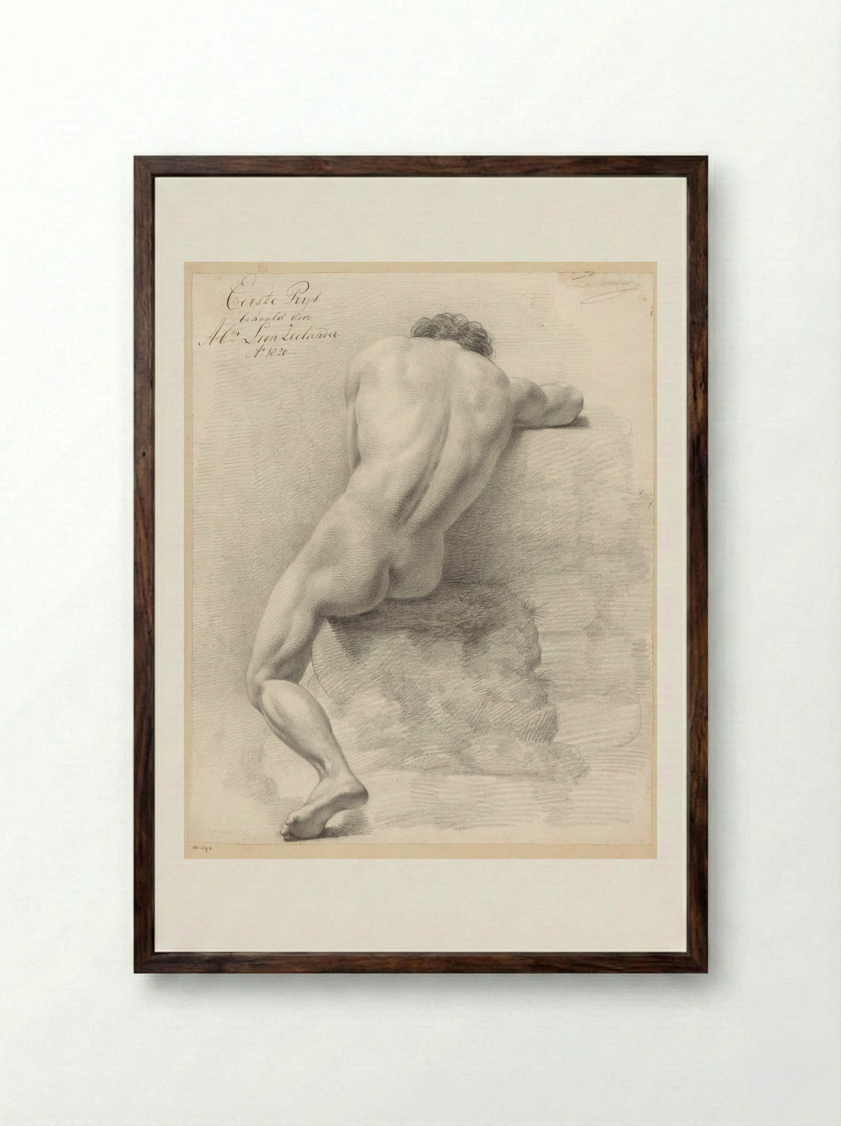 Zittend mannelijk naakt, op de rug gezien (1e prijs 1820) - Abraham Lion Zeelander - Framed Print Dark Wood
