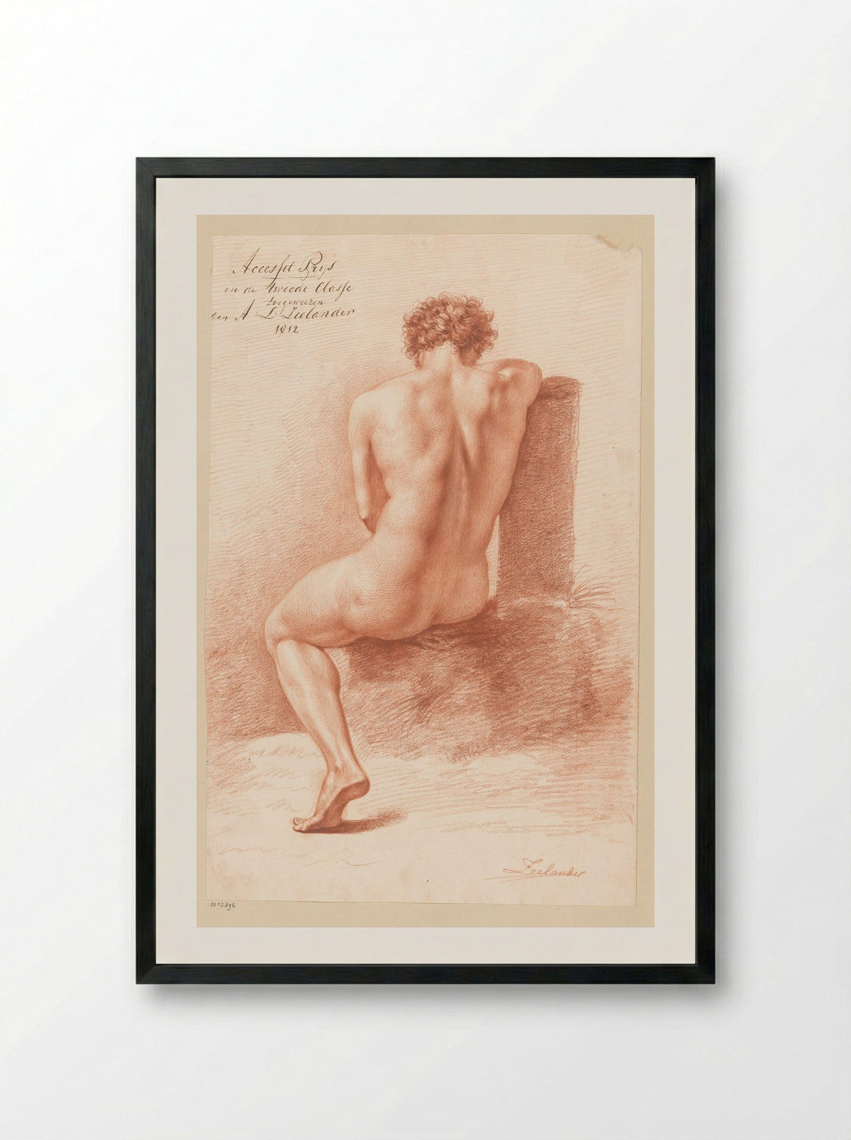 Zittend mannelijk naakt, op de rug gezien (2e prijs 1812) - Abraham Lion Zeelander - Framed Print Black
