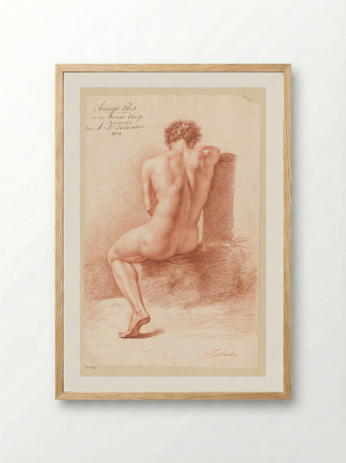 Zittend mannelijk naakt, op de rug gezien (2e prijs 1812) - Abraham Lion Zeelander - Framed Print Wood