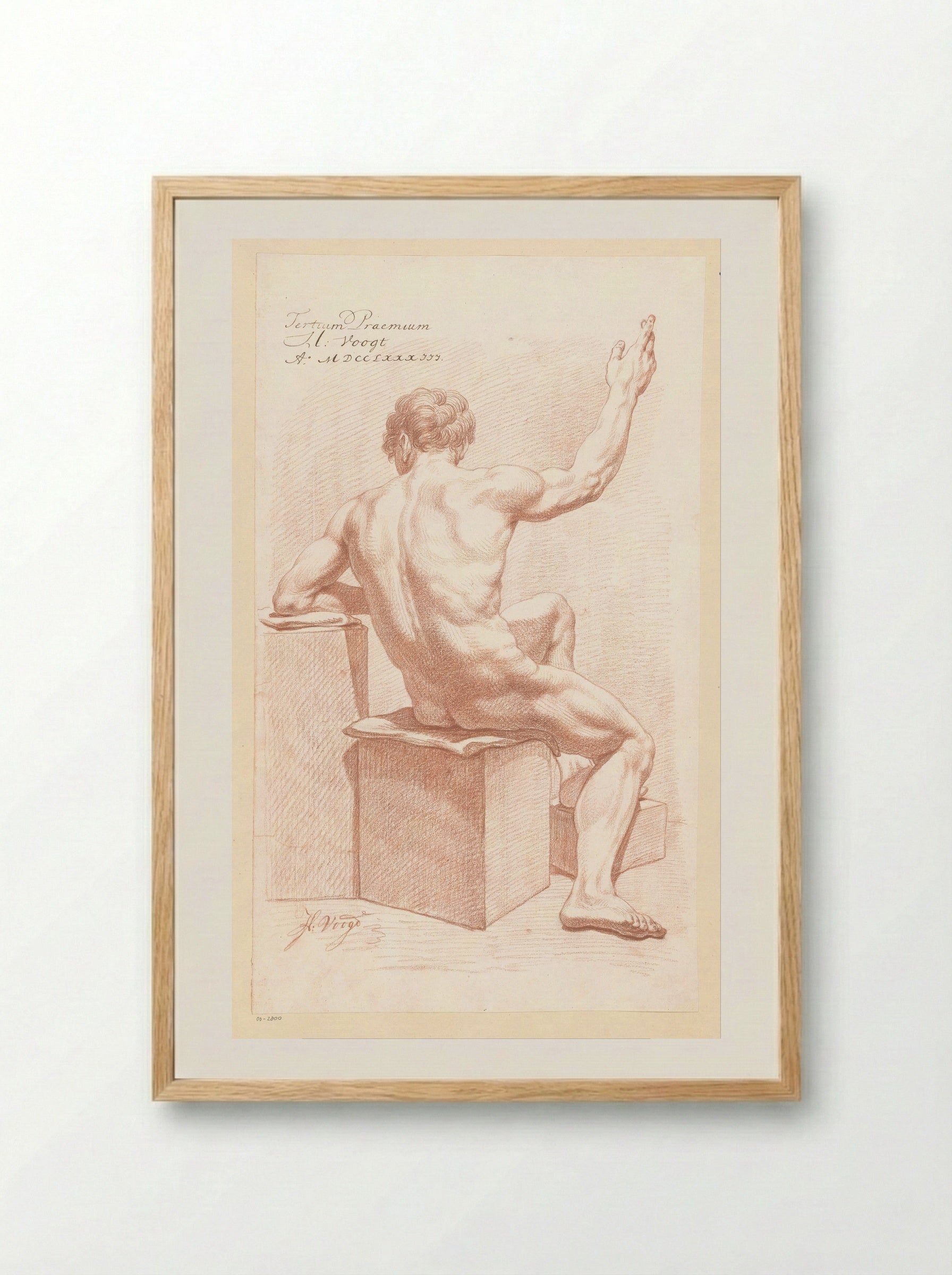Zittend mannelijk naakt op de rug gezien (3e prijs 1783) - Hendrik Voogd - Framed Print Wood