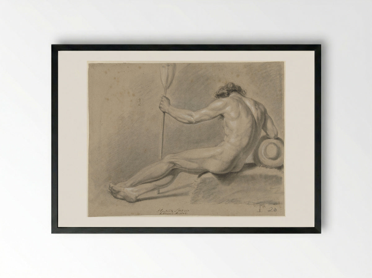 Zittend mannelijk naakt, op de rug gezien, een roeispaan in de linkerhand - Hendrik Stokvisch - Framed Print Black