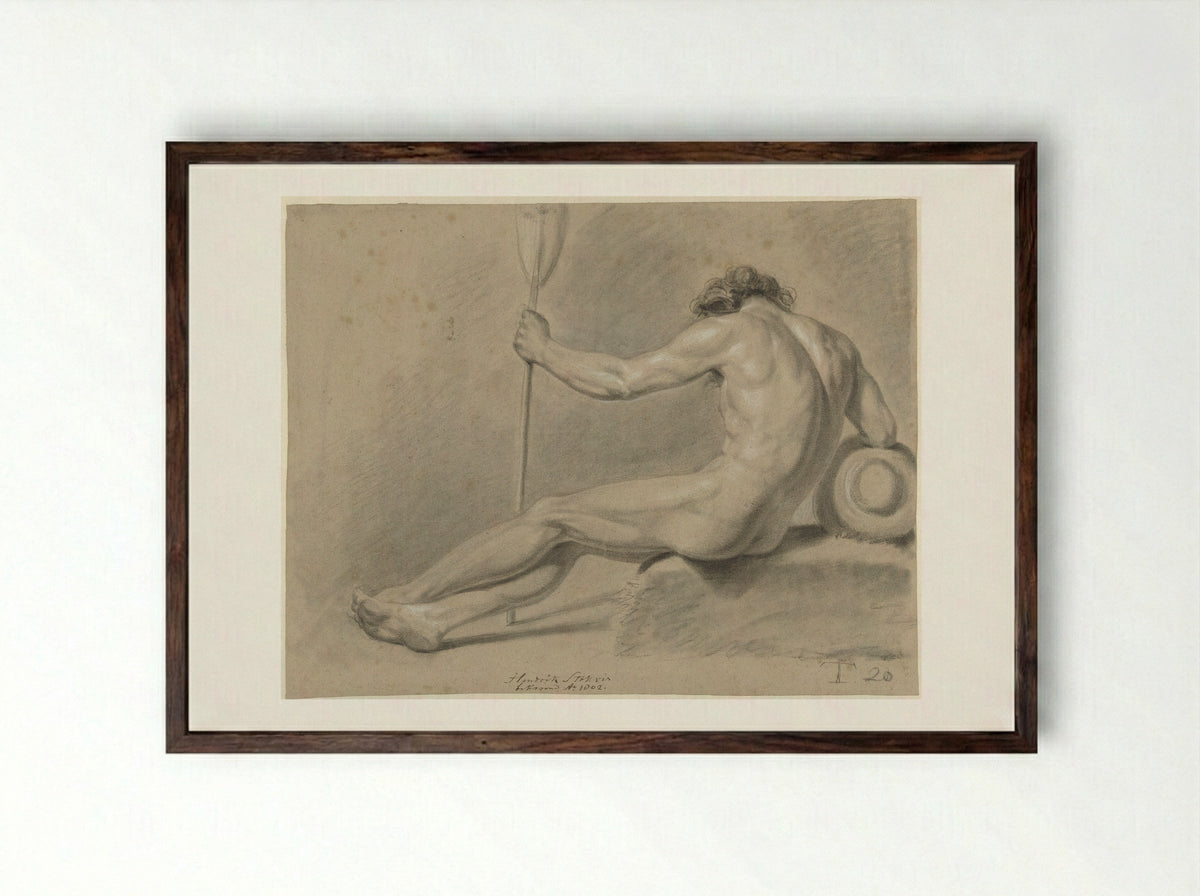 Zittend mannelijk naakt, op de rug gezien, een roeispaan in de linkerhand - Hendrik Stokvisch - Framed Print Dark Wood