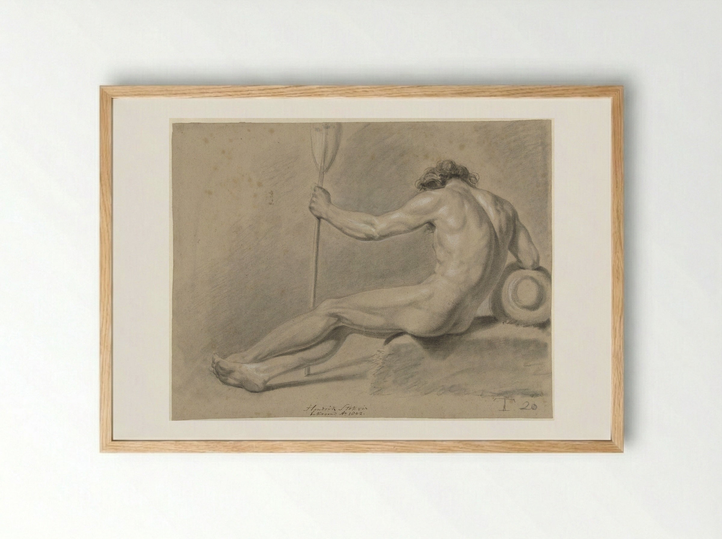 Zittend mannelijk naakt, op de rug gezien, een roeispaan in de linkerhand - Hendrik Stokvisch - Framed Print Wood