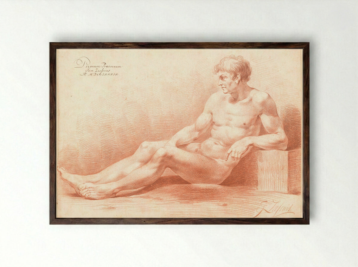 Zittend mannelijk naakt, van opzij gezien (1e prijs 1789) - Johannes Ziesenis - Framed Print Dark Wood