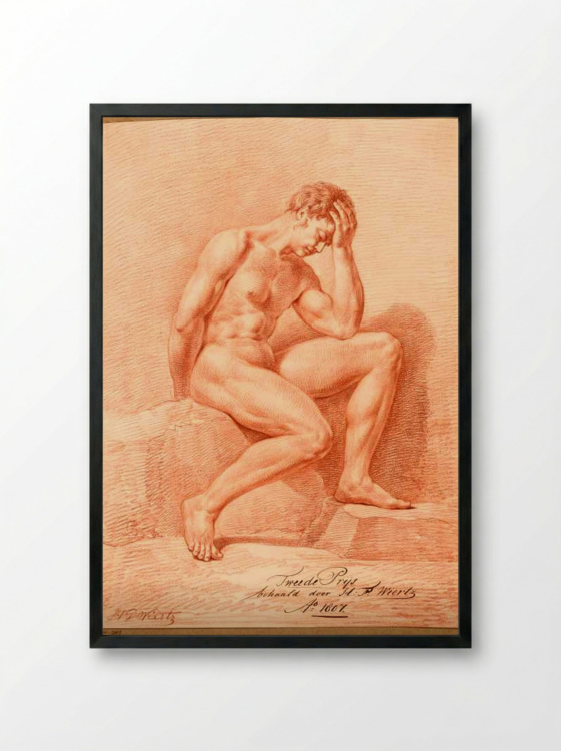 Zittend mannelijk naakt, van opzij gezien (2e prijs 1807) - Henricus Franciscus Wiertz - Framed Print Black