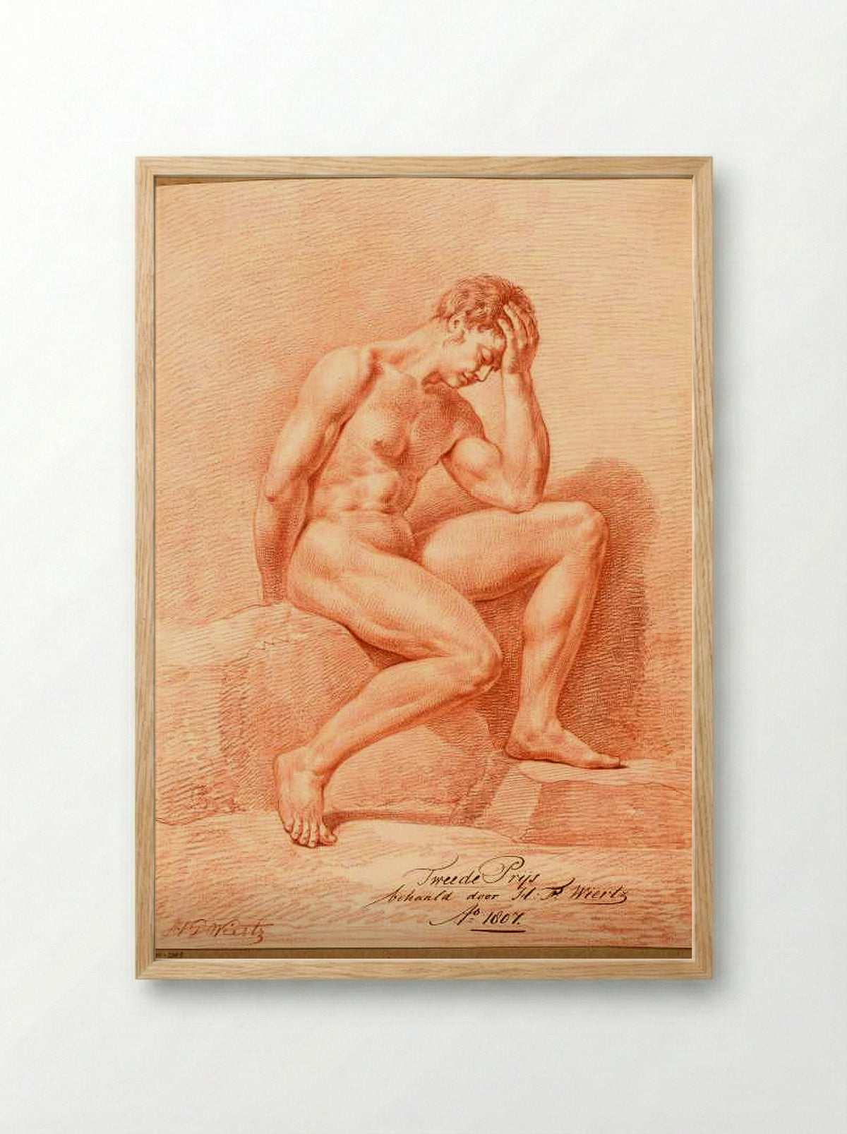 Zittend mannelijk naakt, van opzij gezien (2e prijs 1807) - Henricus Franciscus Wiertz - Framed Print Wood