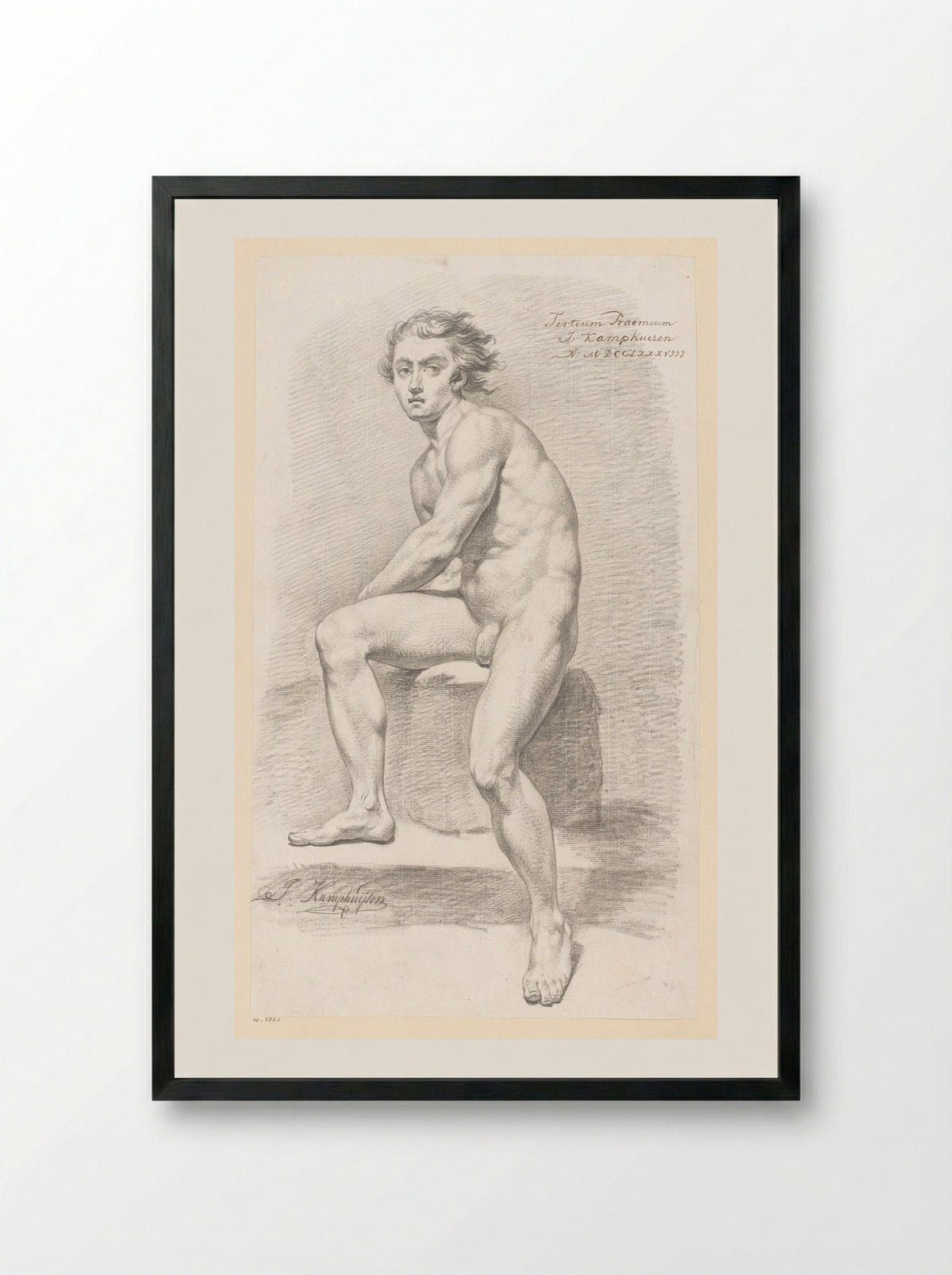 Zittend mannelijk naakt, van voren gezien (3e prijs 1788) - Jan Kamphuijsen - Framed Print Black