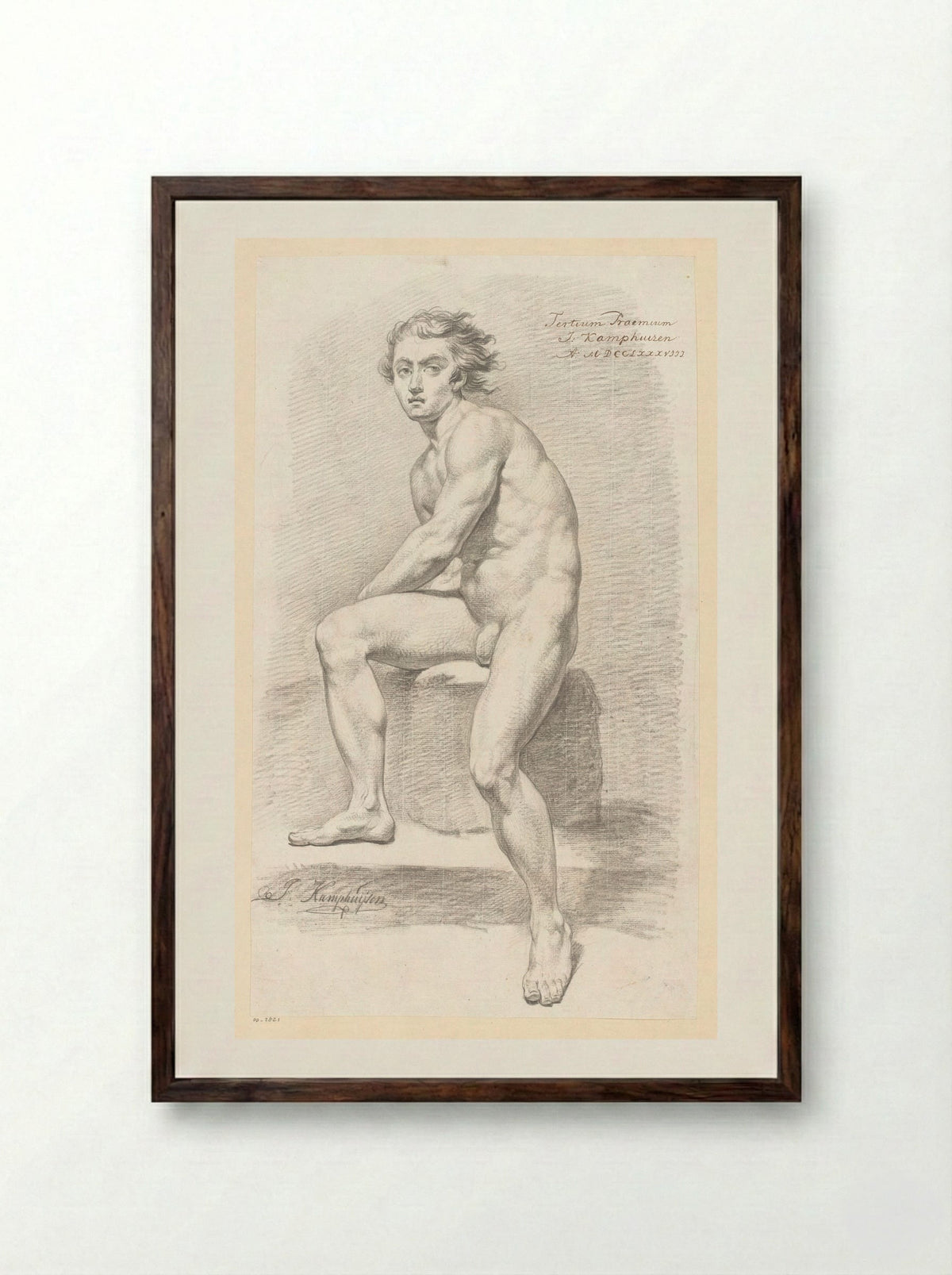 Zittend mannelijk naakt, van voren gezien (3e prijs 1788) - Jan Kamphuijsen - Framed Print Dark Wood