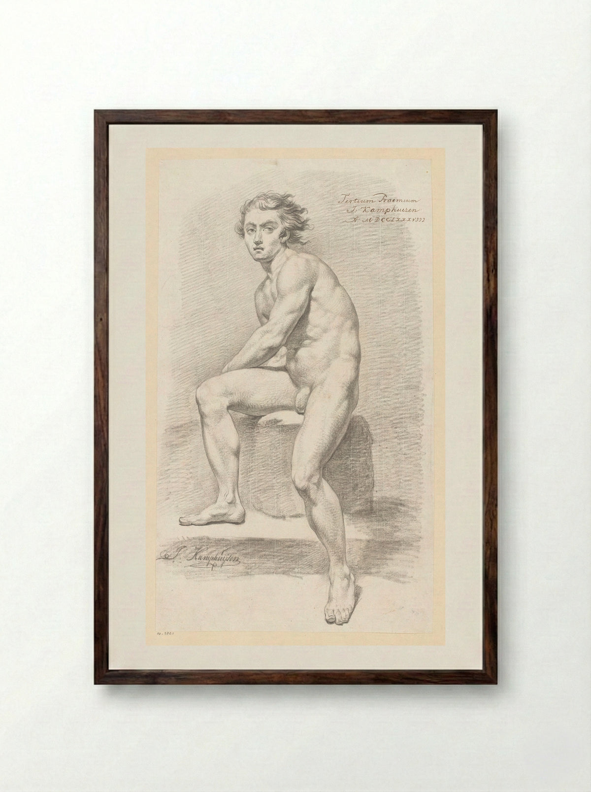 Zittend mannelijk naakt, van voren gezien (3e prijs 1788) - Jan Kamphuijsen - Framed Print Dark Wood