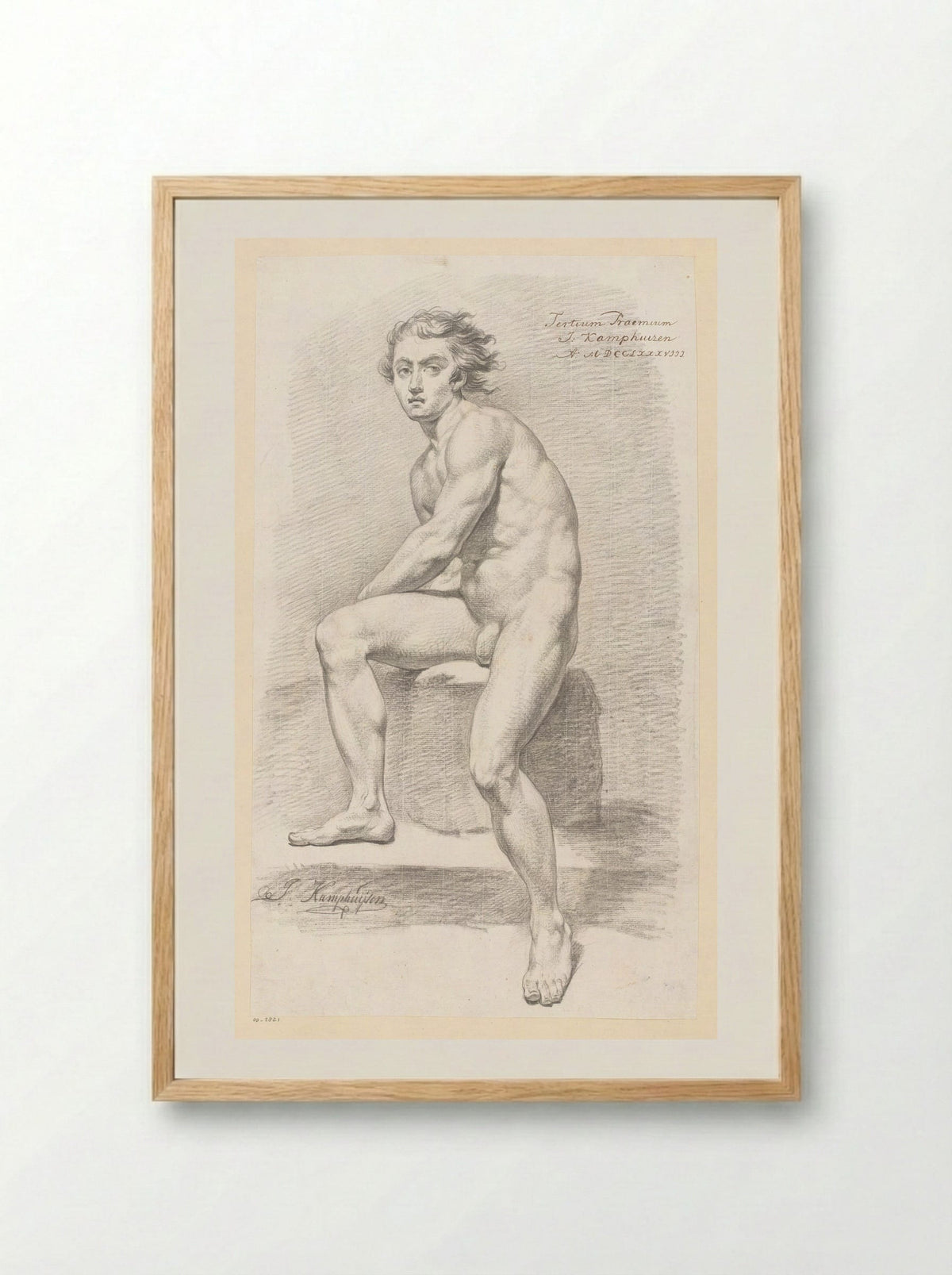 Zittend mannelijk naakt, van voren gezien (3e prijs 1788) - Jan Kamphuijsen - Framed Print Wood
