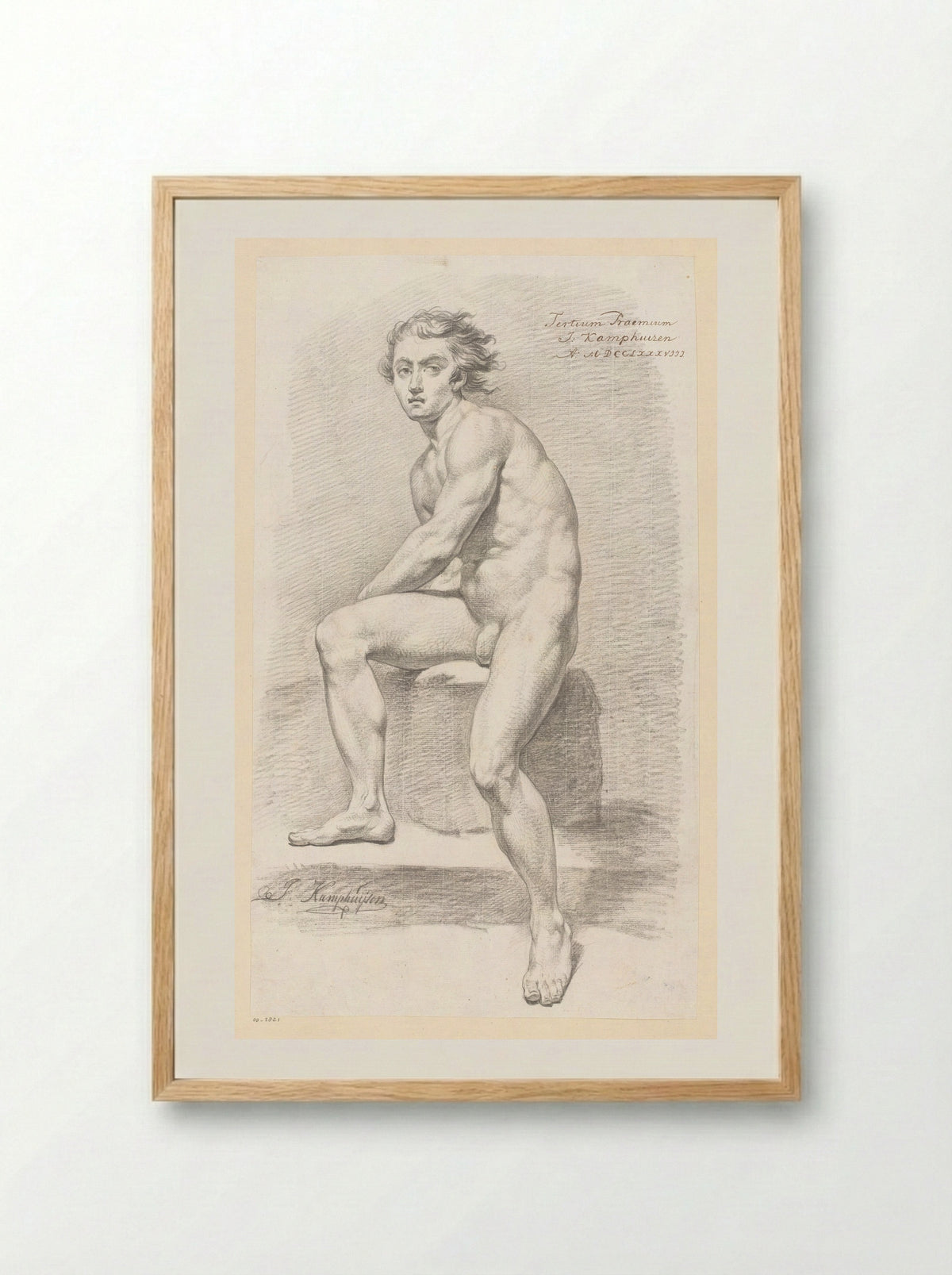 Zittend mannelijk naakt, van voren gezien (3e prijs 1788) - Jan Kamphuijsen - Framed Print Wood