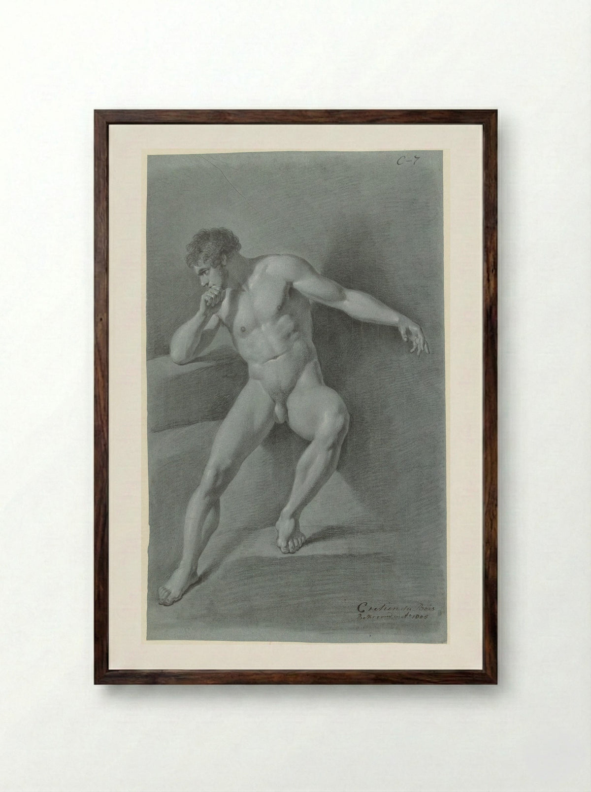 Zittend mannelijk naakt - Chrétien Dubois - Framed Print Dark Wood