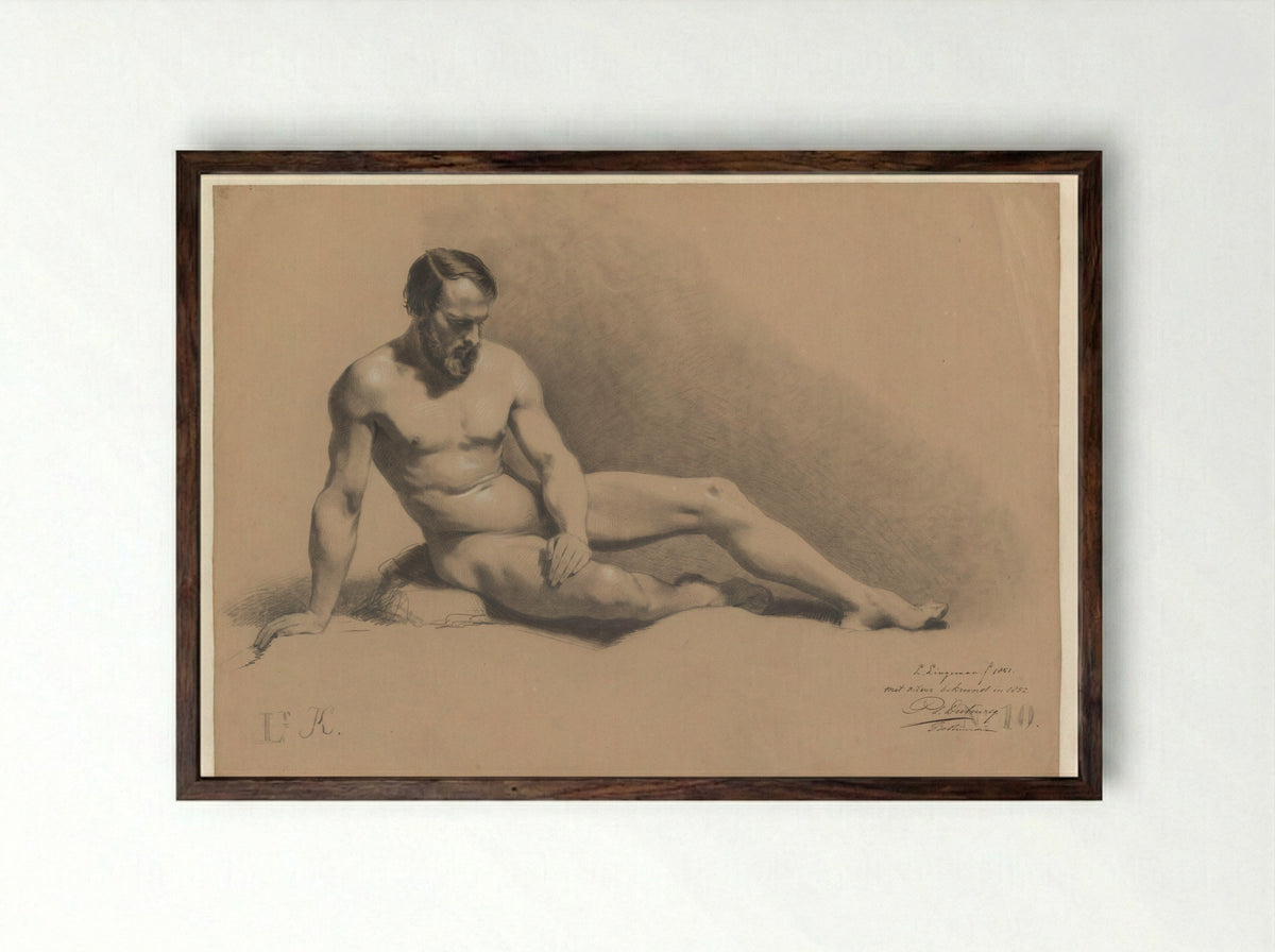 Zittend mannelijk naakt - Lambertus Lingeman - Framed Print Dark Wood
