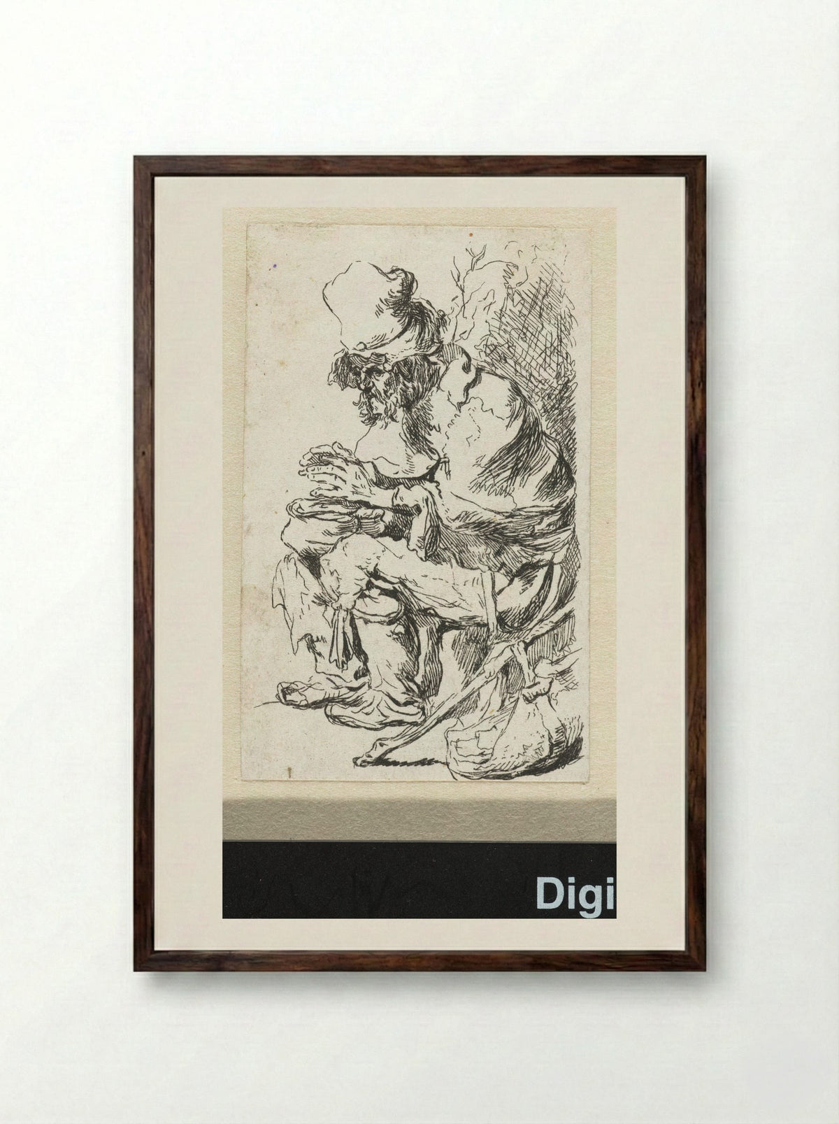 Zittende bedelaar, handen warmend bij een komfoor - Francesco Novelli - Framed Print Dark Wood