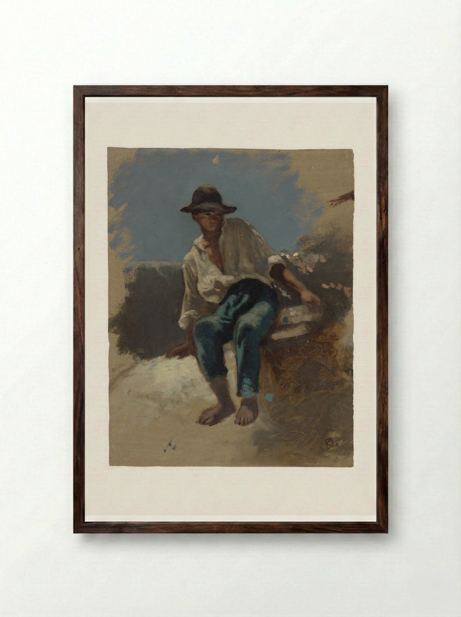 Zittende jongeman met vilten hoed op - Johan Daniël Koelman - Framed Print Dark Wood
