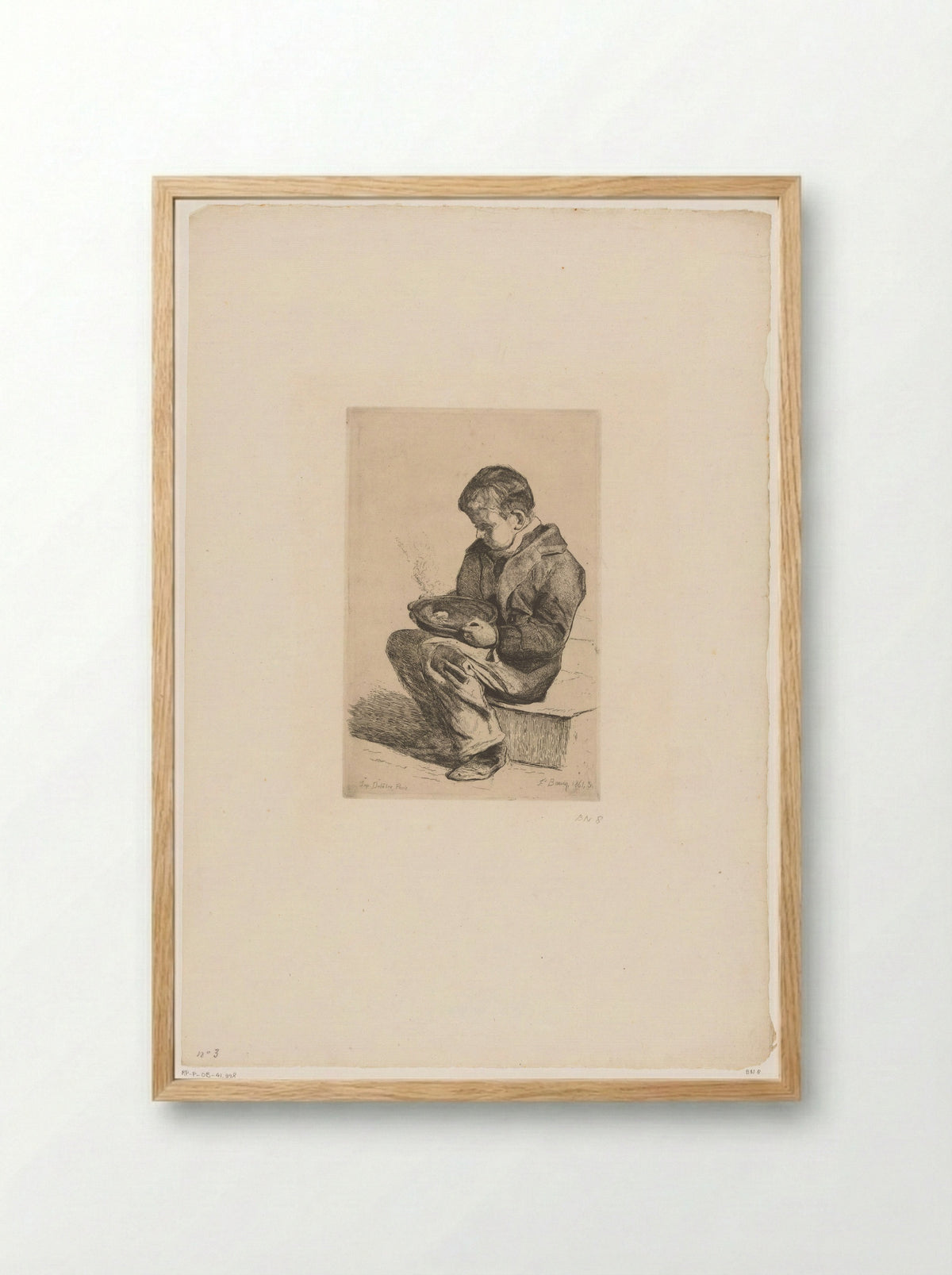 Zittende jongen met een kom soep - François Bonvin - Framed Print Wood
