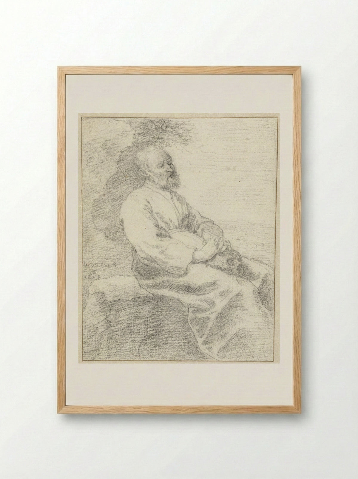 Zittende kluizenaar met op zijn schoot een schedel - W. Verbeeck - Framed Print Wood