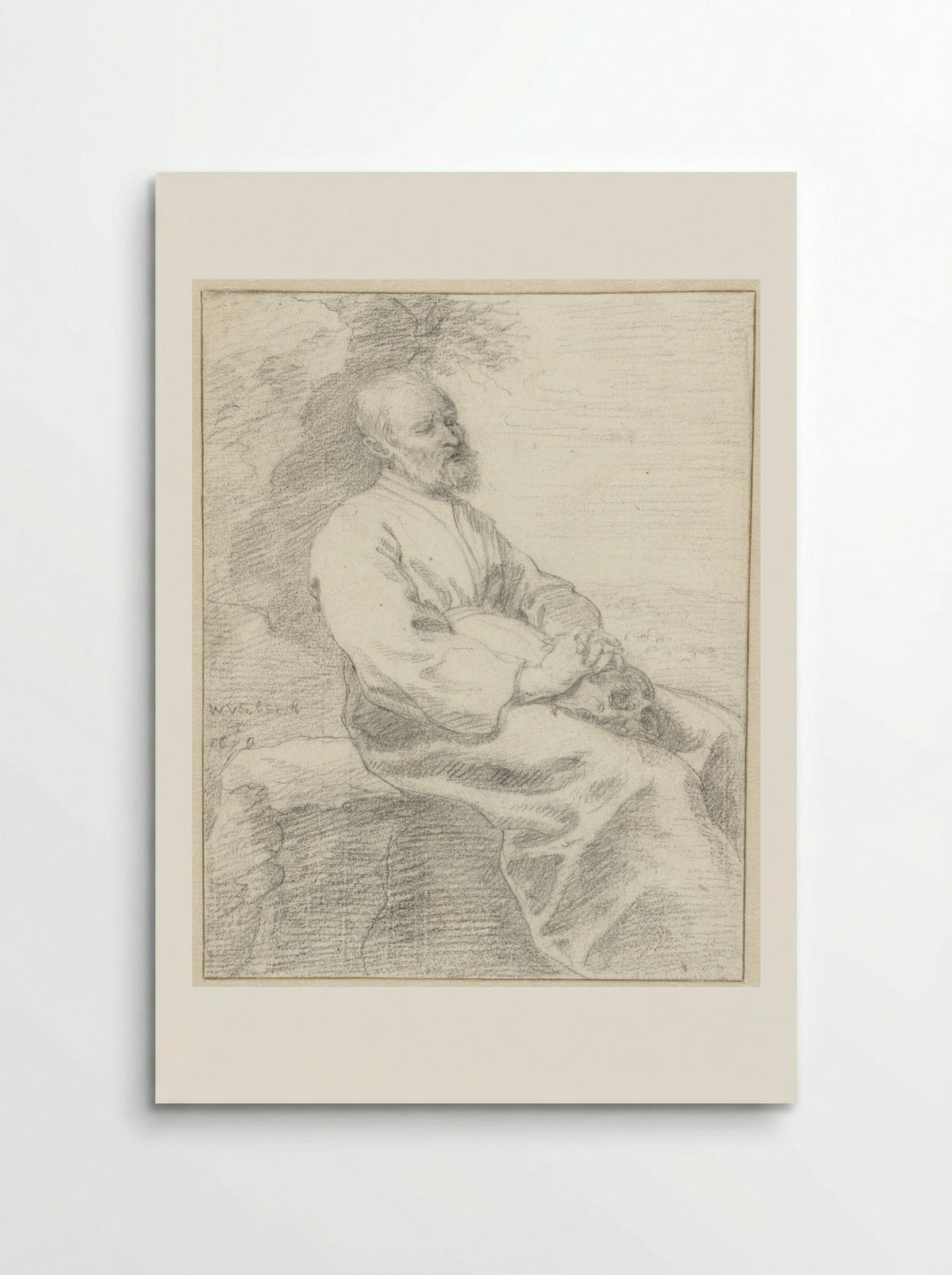Zittende kluizenaar met op zijn schoot een schedel - W. Verbeeck - Poster