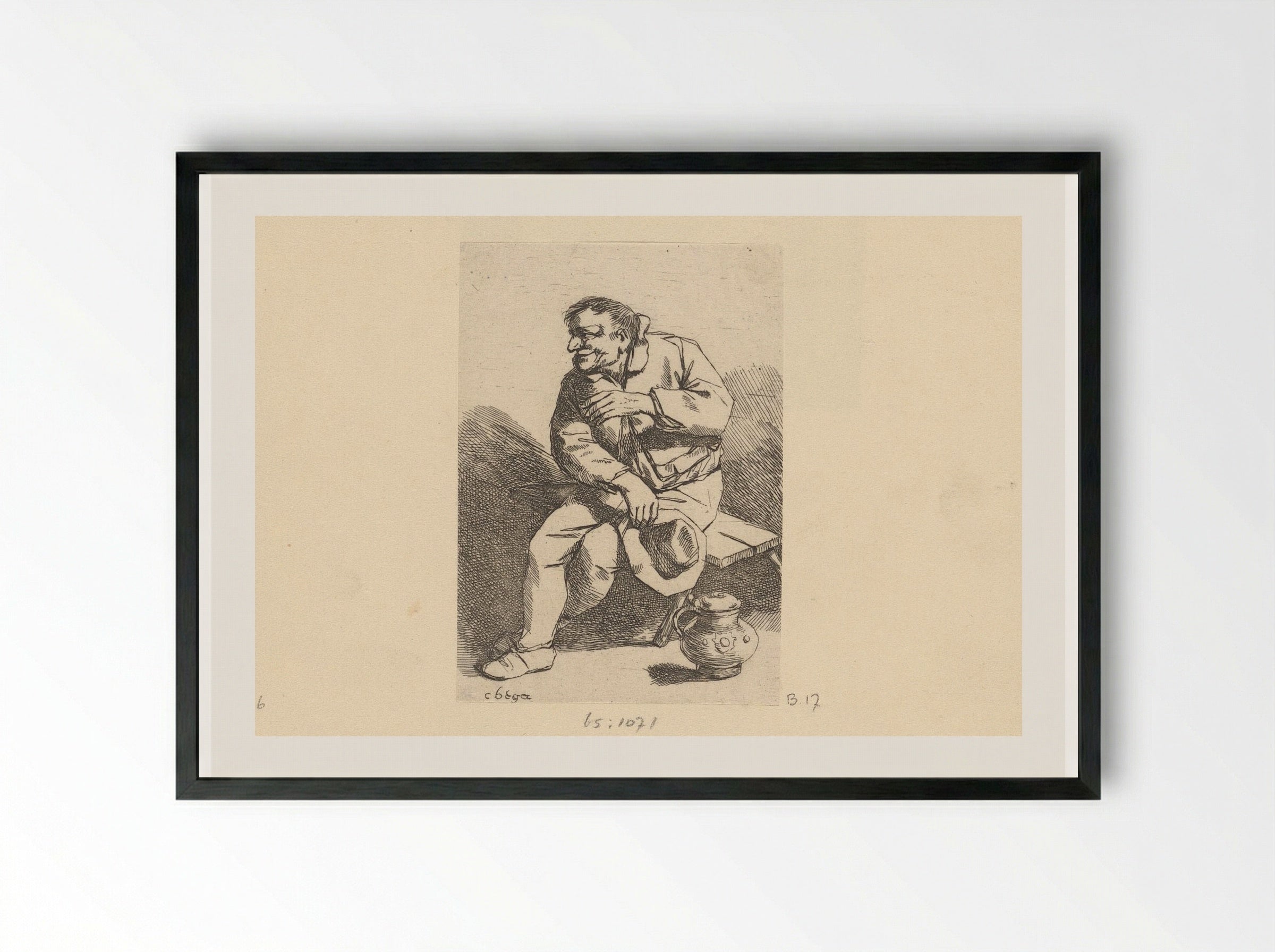 Zittende man met hoed en kan - Cornelis Pietersz. Bega - Framed Print Black