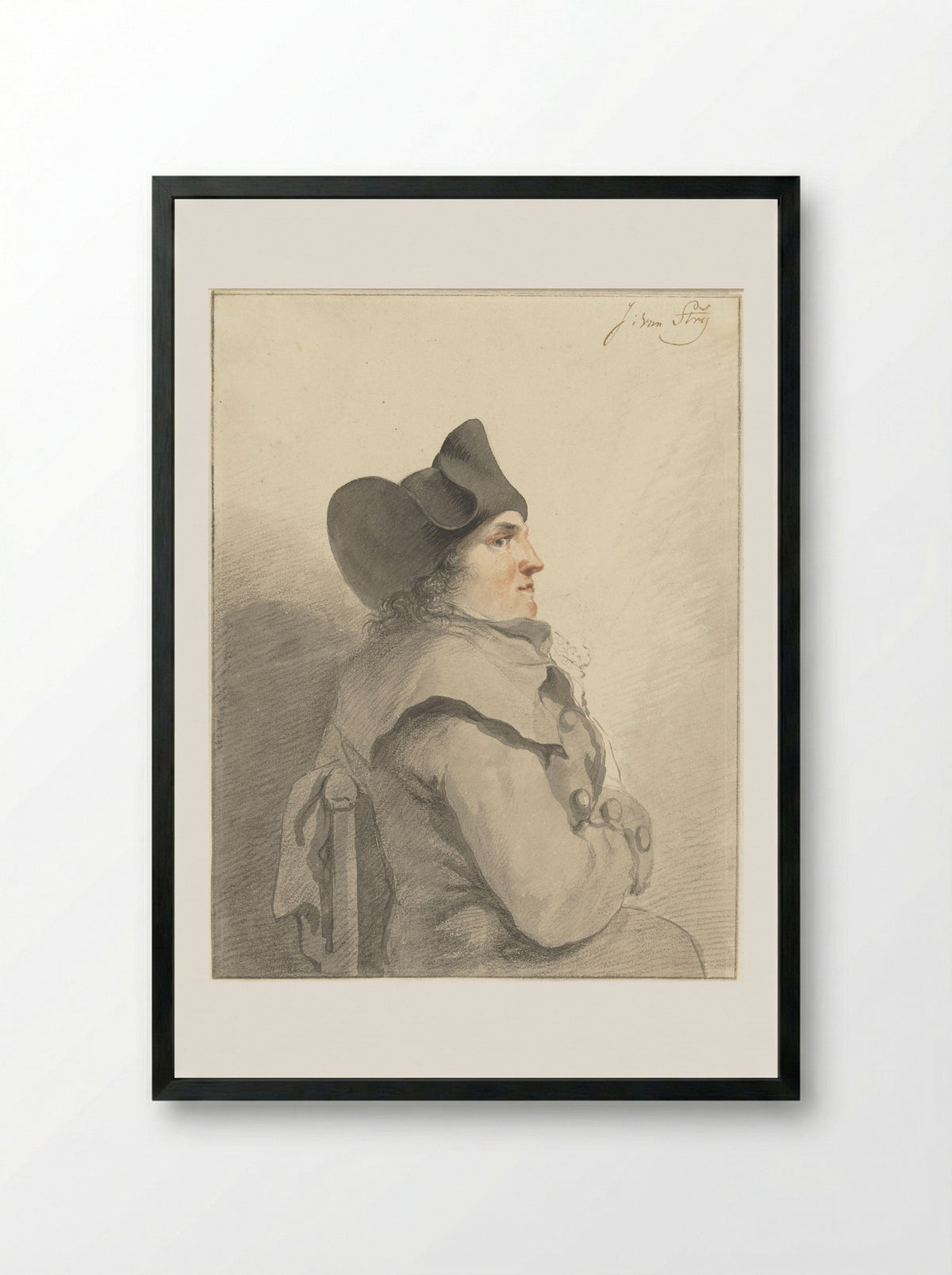 Zittende man met zwarte steek, in profiel, naar rechts - Jacob van Strij - Framed Print Black